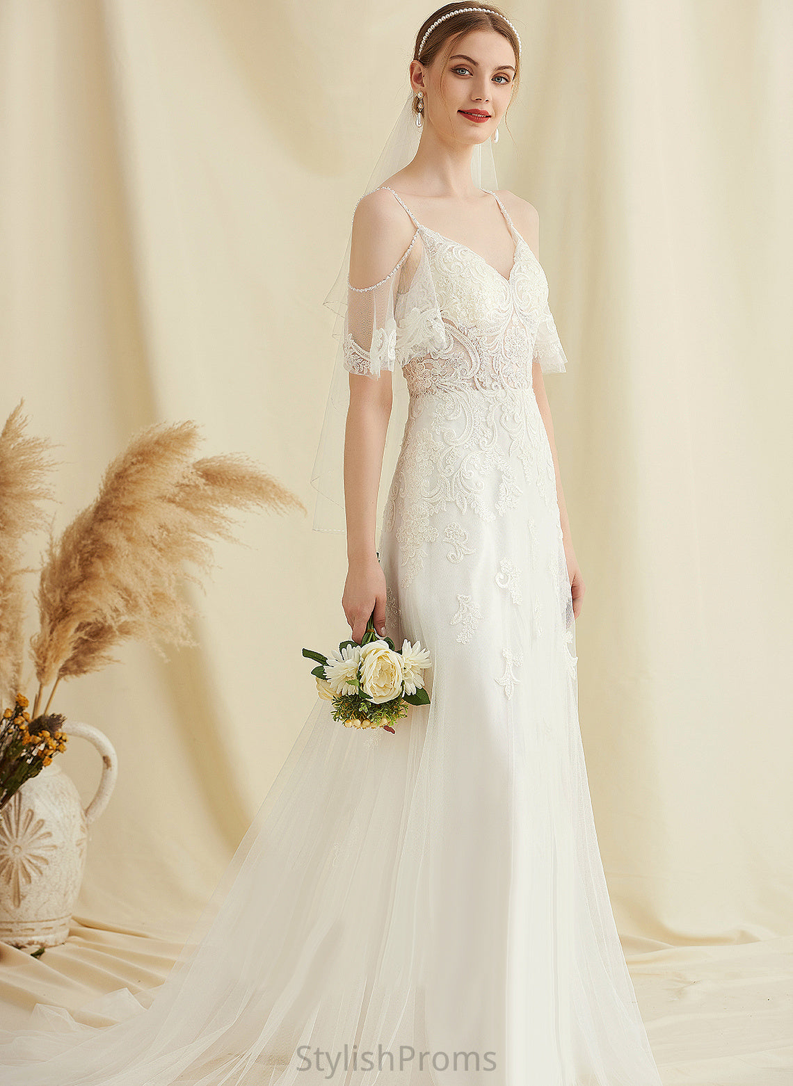 Tulle Aubrey V-neck A-Line Wedding Sweep Train Wedding Dresses With Lace Beading Dress