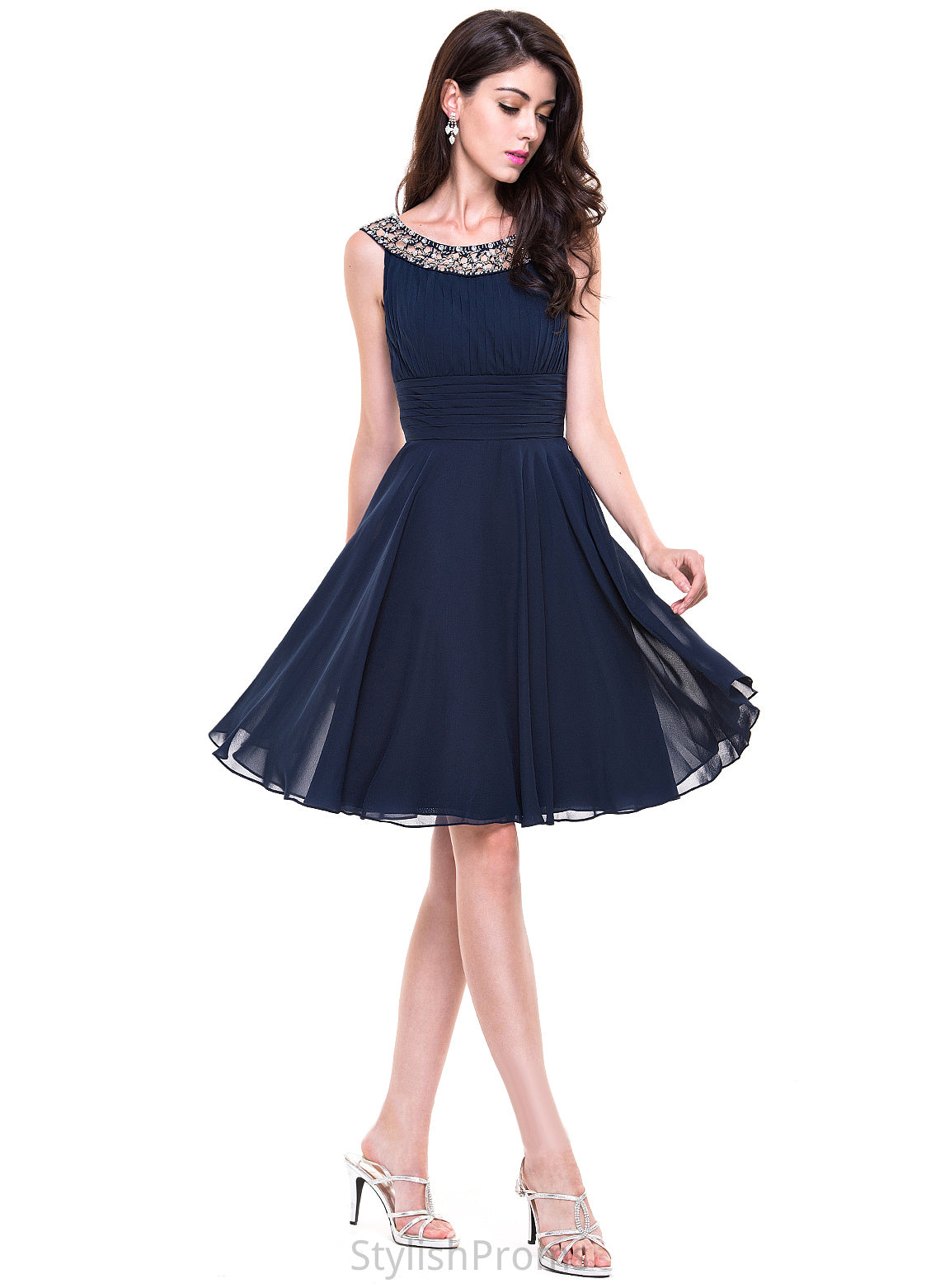 Neck Xiomara With Cocktail Dresses Scoop Dress Ruffle Knee-Length Chiffon A-Line Beading Cocktail