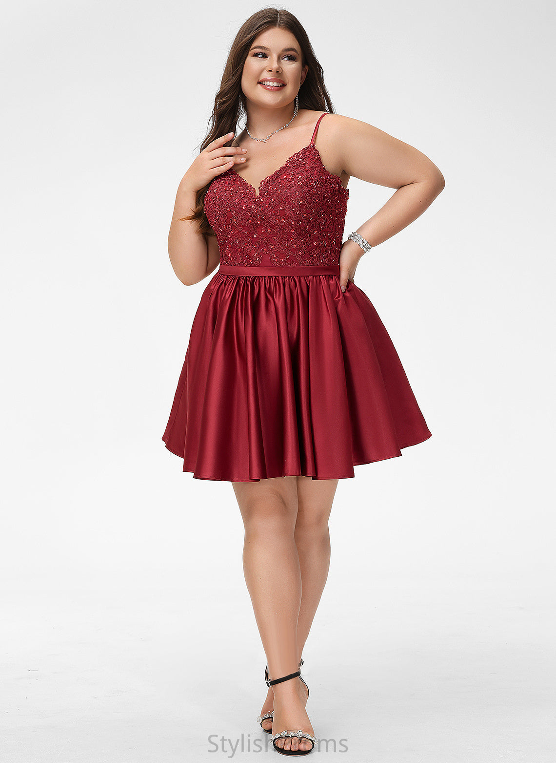 Satin V-neck Dress Short/Mini Beading Cocktail Dresses A-Line Melanie Cocktail With Lace Lace