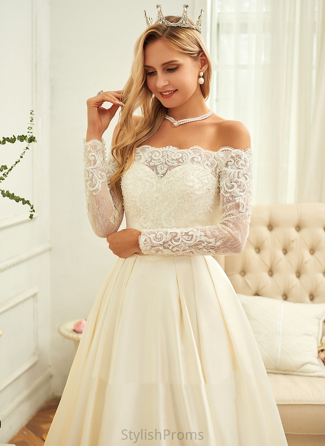 Beading Sequins Dress Wedding Dresses Sweep Wedding Satin Ball-Gown/Princess Abigayle Train Off-the-Shoulder With Lace