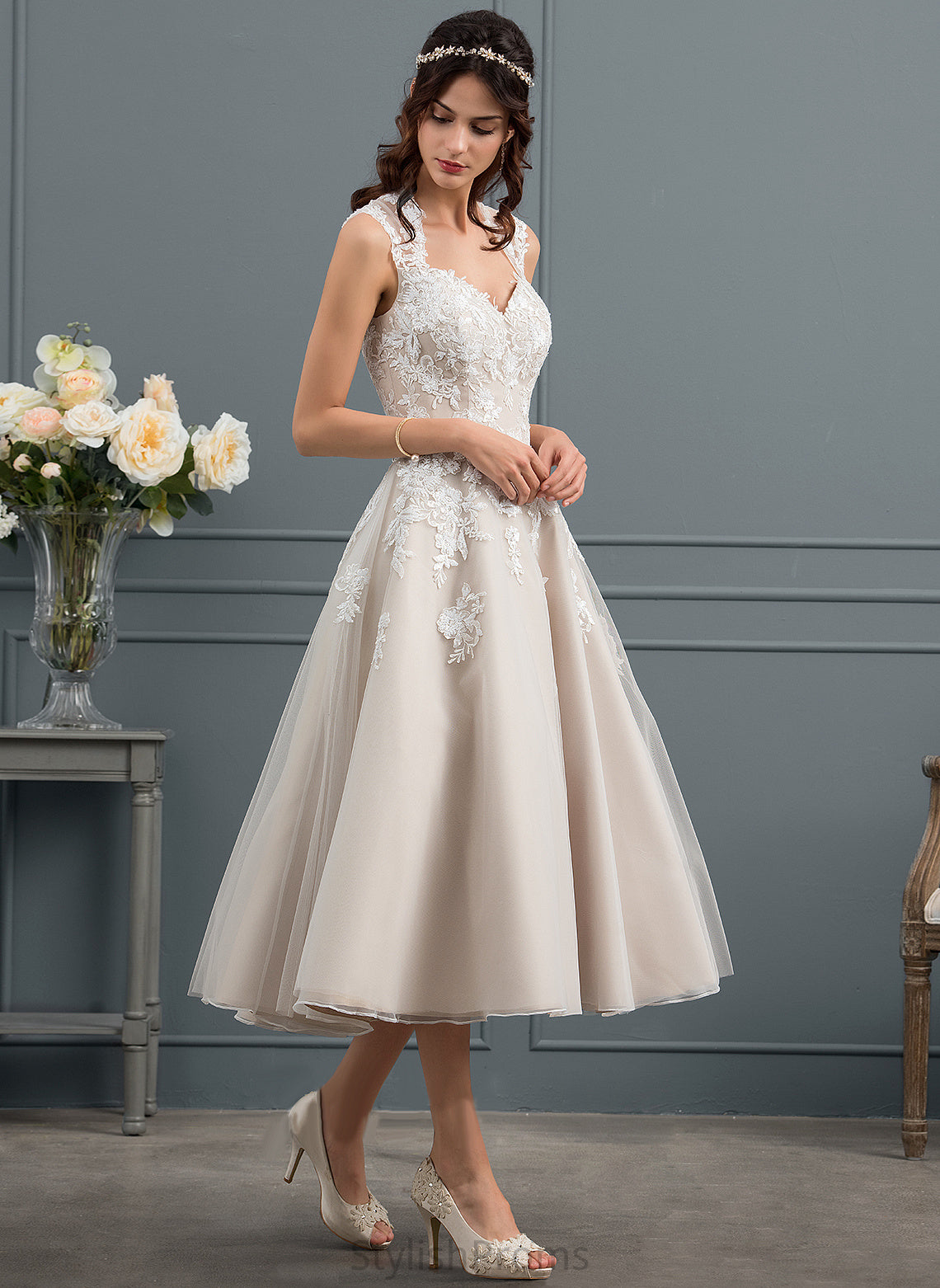 Tea-Length Ball-Gown/Princess Dress With Tulle Wedding Dresses Wedding Sweetheart Sofia Sequins Lace