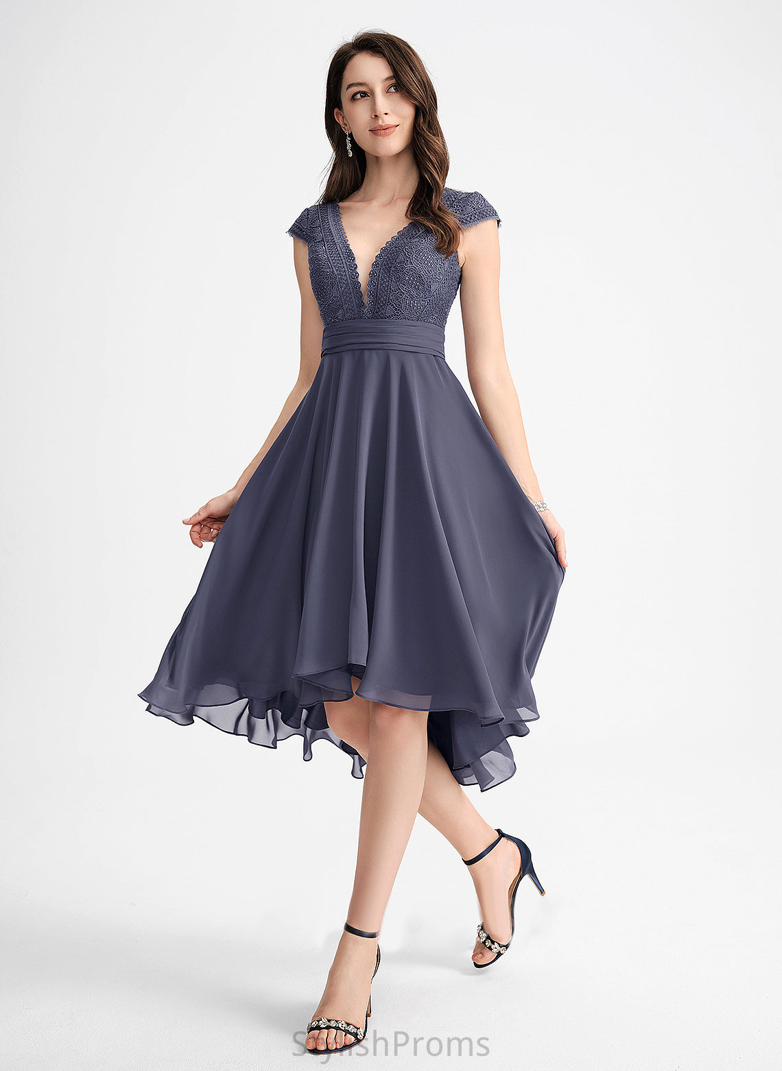 A-Line Asymmetrical Lace Cocktail Dresses Cocktail V-neck Dress Malia With Chiffon Pleated