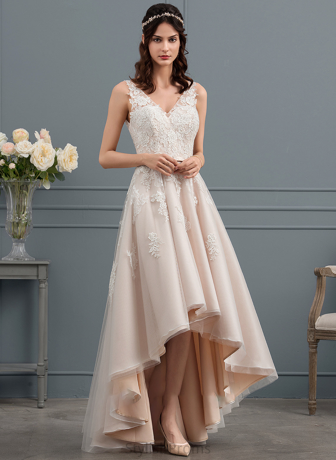 Dress Wedding With A-Line Lace Asymmetrical V-neck Jade Wedding Dresses Tulle Bow(s)