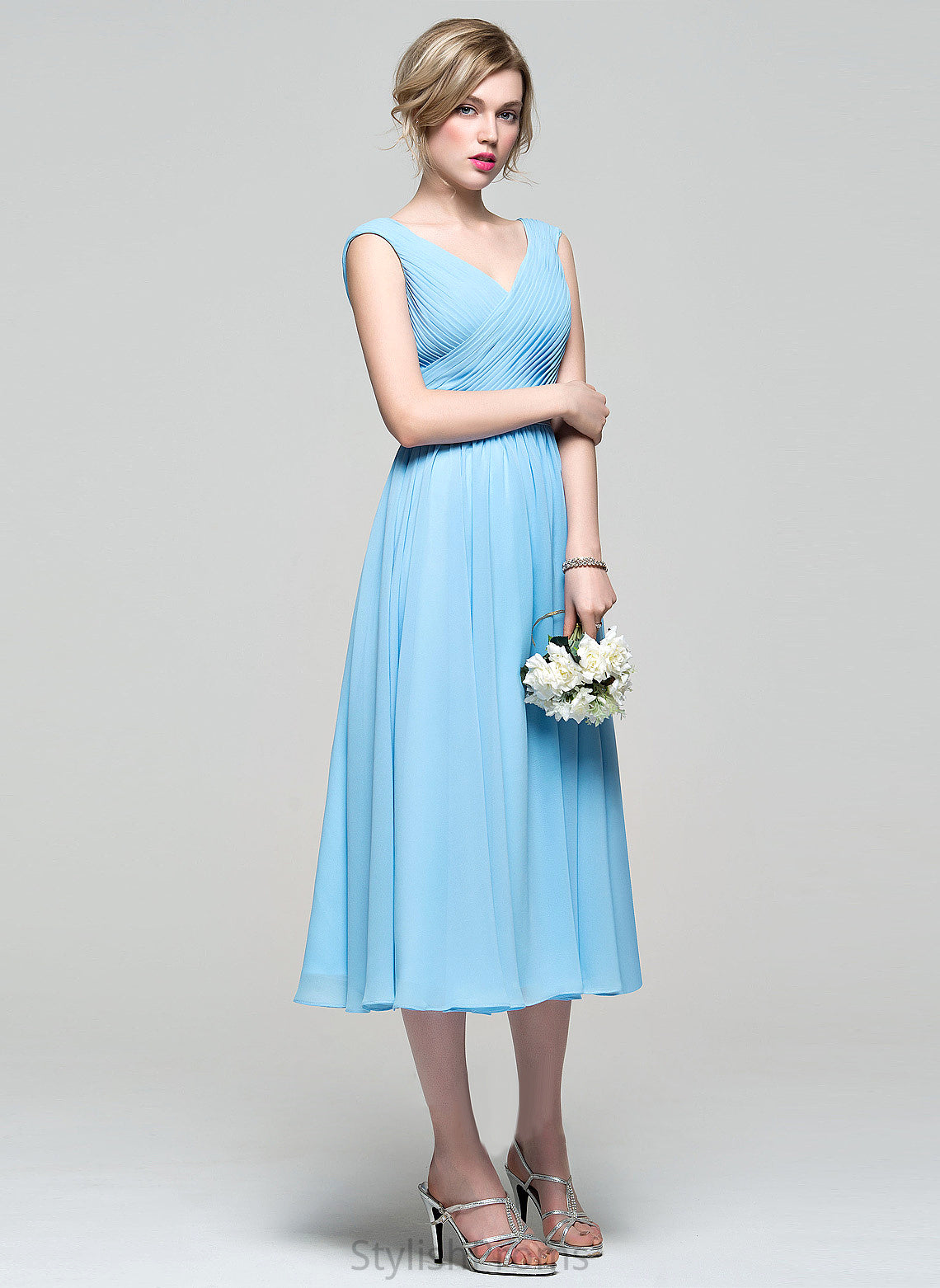 Chiffon With Cocktail Charmeuse Dress Tea-Length Cocktail Dresses Ruffle V-neck A-Line Luz