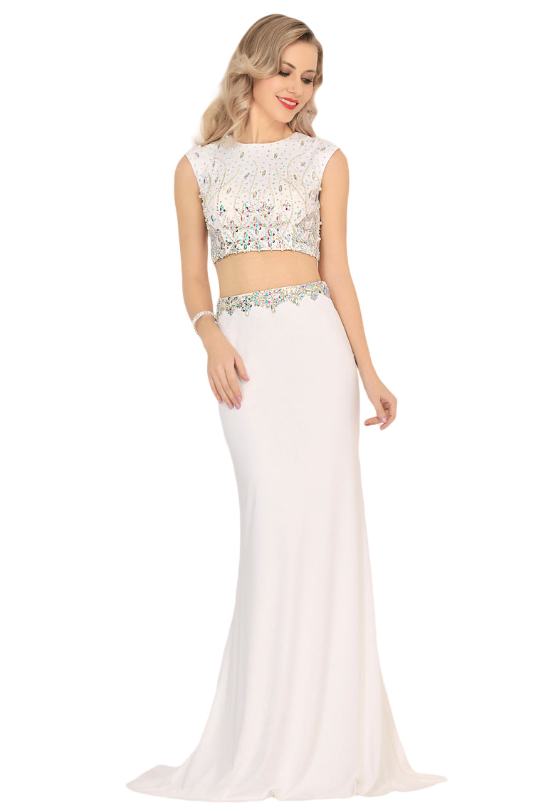 2024 Spandex Scoop Beaded Bodice Mermaid Sweep Train Prom Dresses