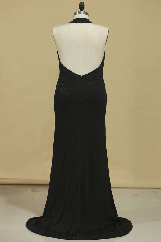 2024 New Arrival Black Halter Prom Dresses Mermaid With Beading Black Spandex