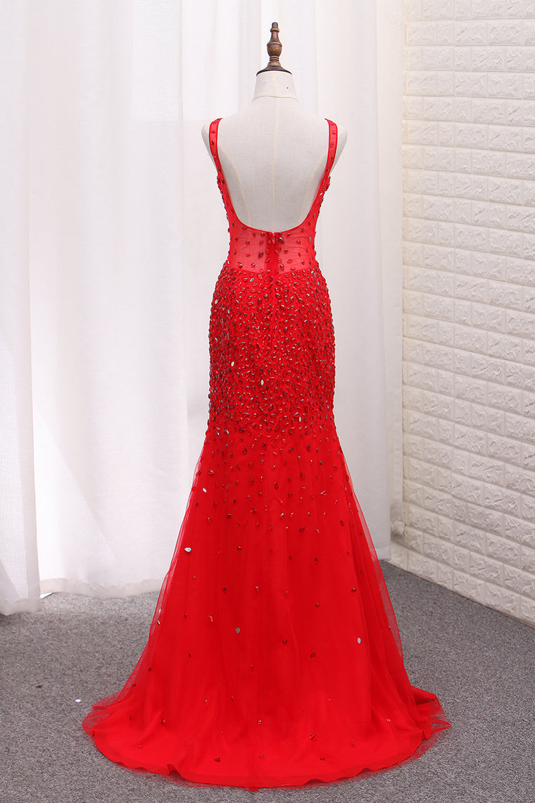 2024 Straps Mermaid Prom Dresses Tulle With Beads And Rhinestones