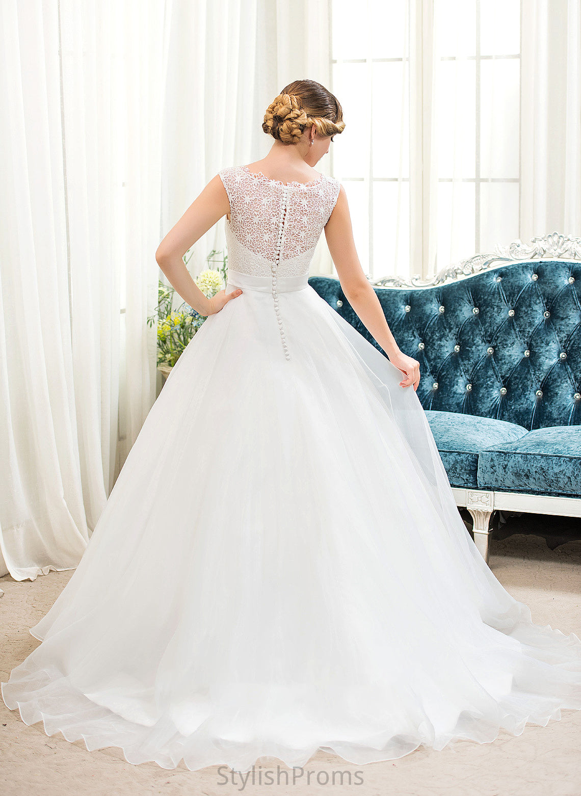 Ball-Gown/Princess Organza Train Lorena Neck Dress Scoop Lace With Sequins Beading Sweep Wedding Wedding Dresses