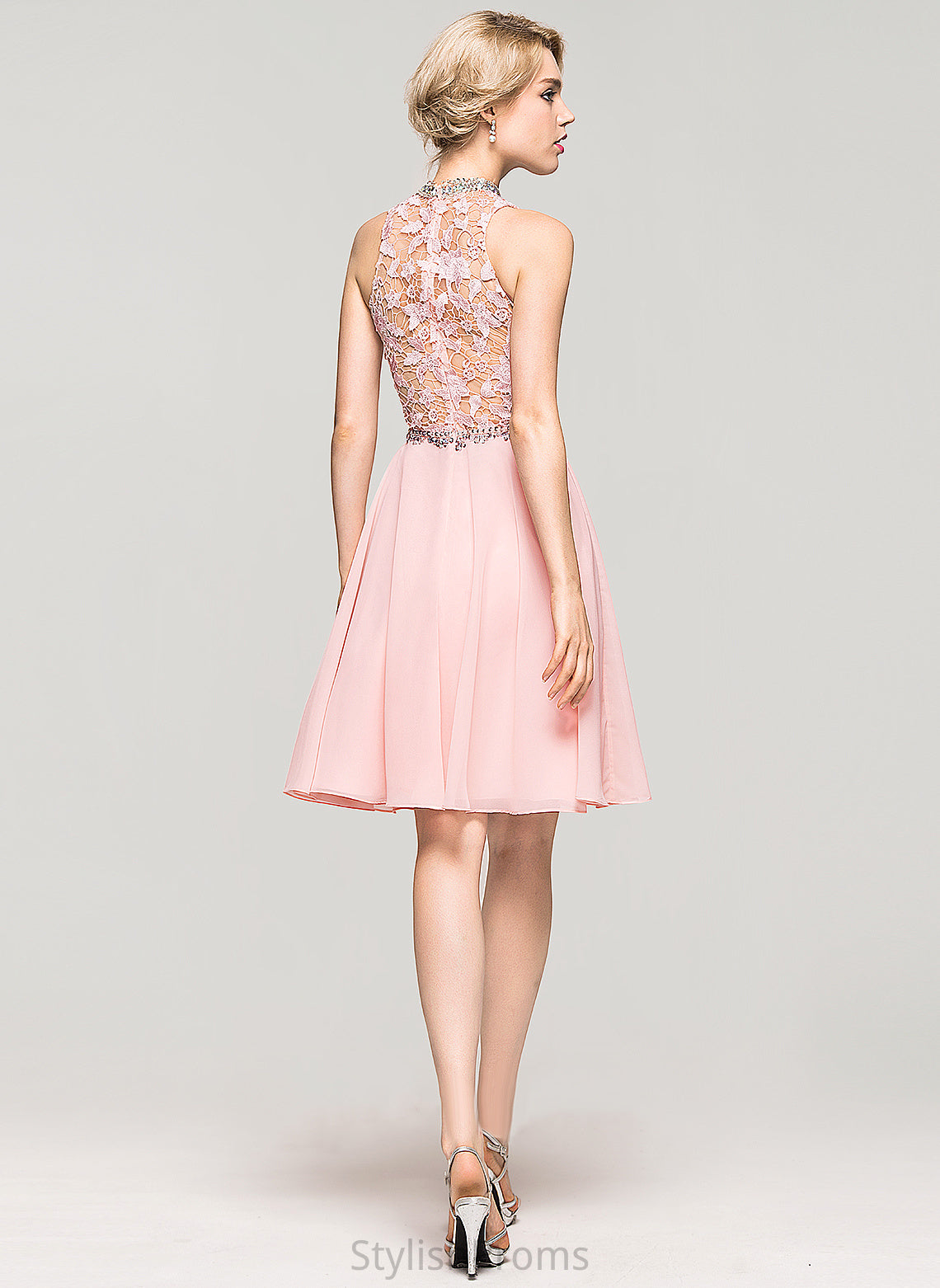 Beading Jaqueline Chiffon Lace Dress Lace A-Line Cocktail Dresses High Cocktail Neck Sequins Knee-Length With