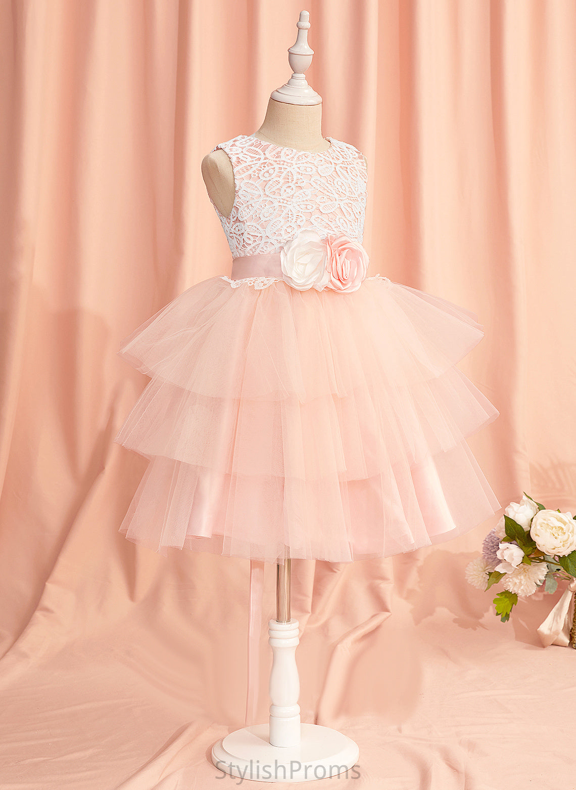 Flower With Satin/Tulle Clara Girl Dress Neck Ball-Gown/Princess Knee-length Flower Girl Dresses - Sleeveless Hole Scoop Lace/Flower(s)/Back