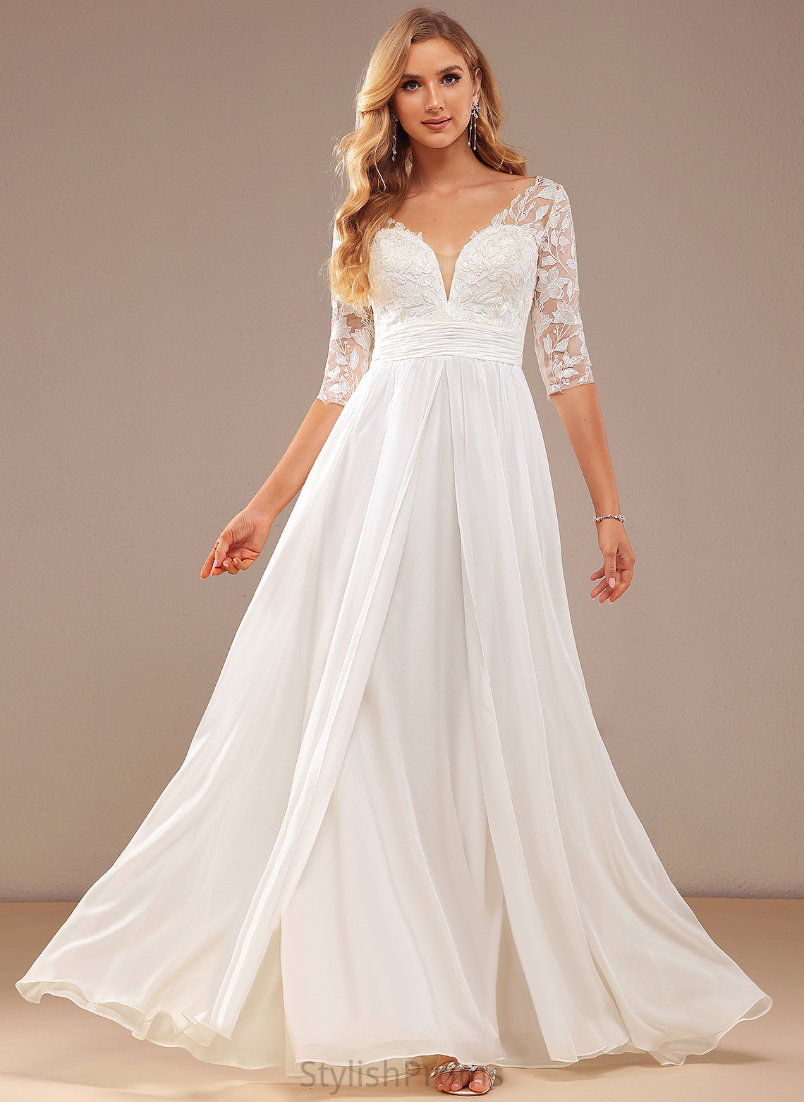 Ruffle Chiffon With Sanai A-Line V-neck Lace Wedding Sequins Wedding Dresses Floor-Length Dress Lace