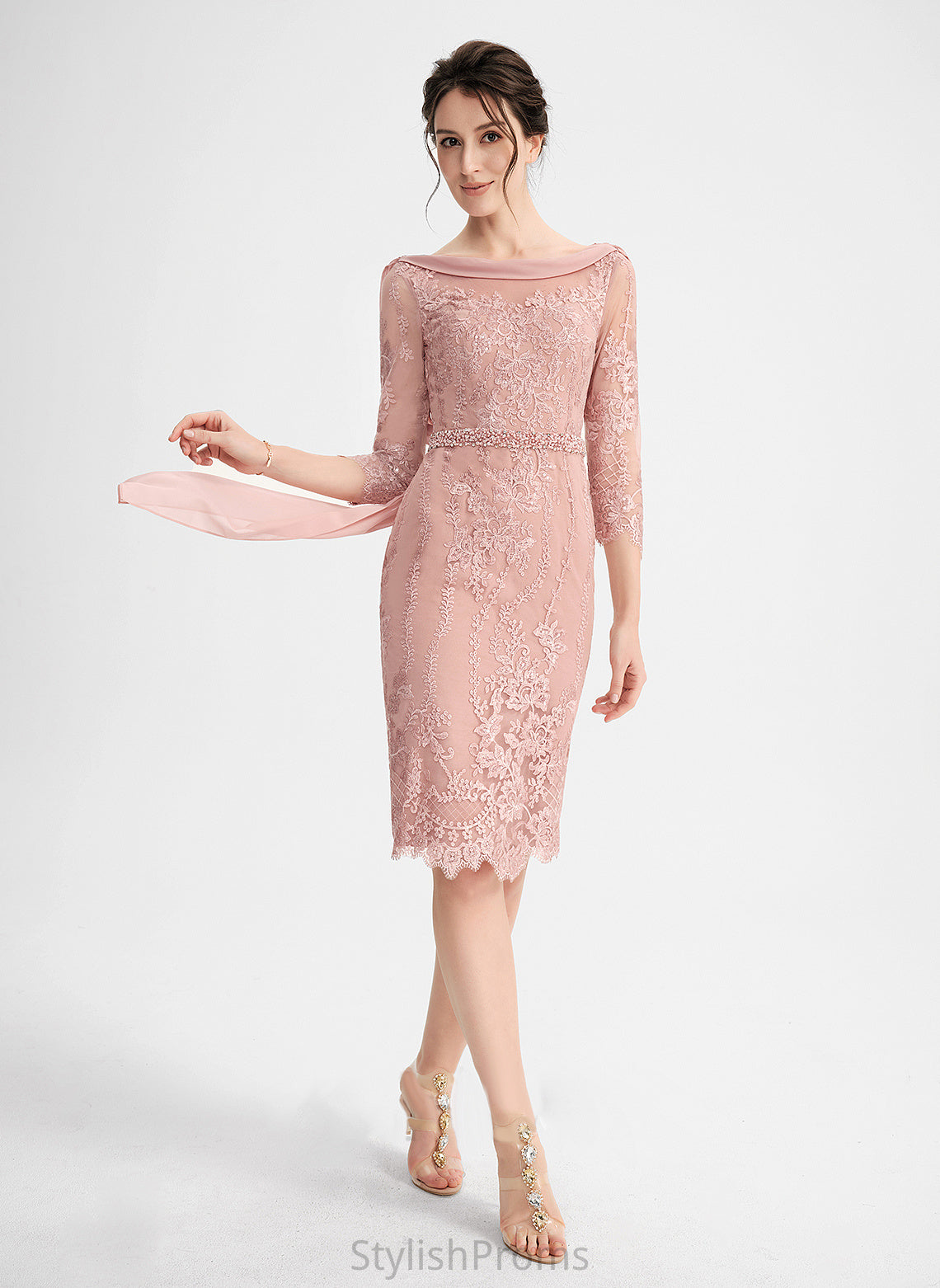 Cocktail Dresses Sequins Lace Neck Beading Abby Scoop Sheath/Column Dress Knee-Length With Cocktail