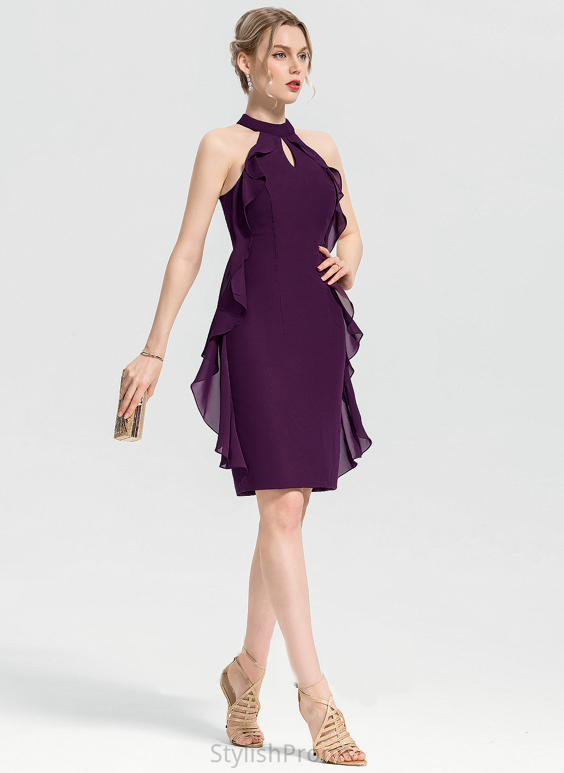 With Sheath/Column Knee-Length Dress Scoop Chiffon Cascading Cocktail Dresses Wendy Cocktail Neck Ruffles