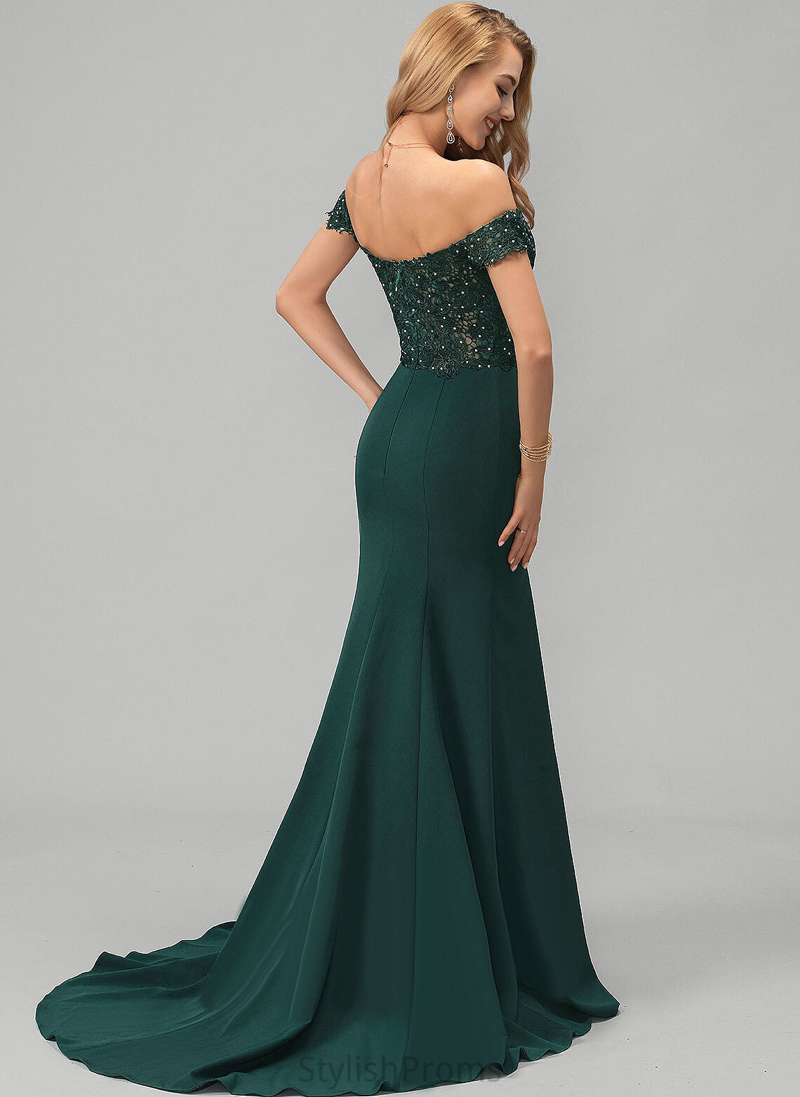 Selena Trumpet/Mermaid Sequins Stretch Off-the-Shoulder Crepe Sweep Prom Dresses Train With Beading