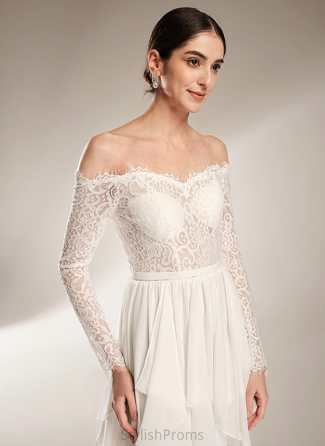 Ruffle Wedding Lace Court Off-the-Shoulder With Chiffon Train Wedding Dresses Madge Dress A-Line