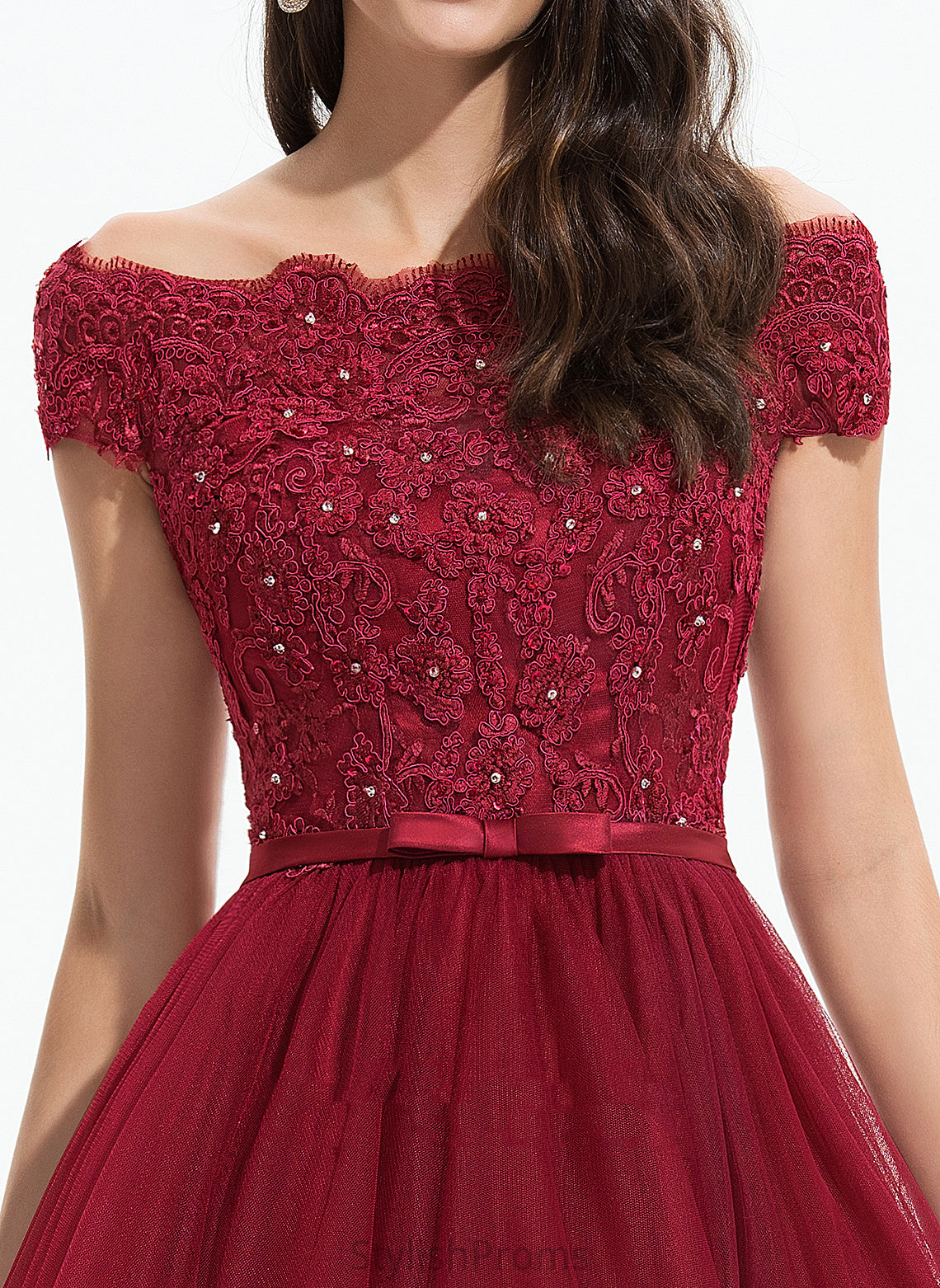 Lace Lace Paisley Asymmetrical With Beading Cocktail A-Line Cocktail Dresses Tulle Off-the-Shoulder Bow(s) Dress