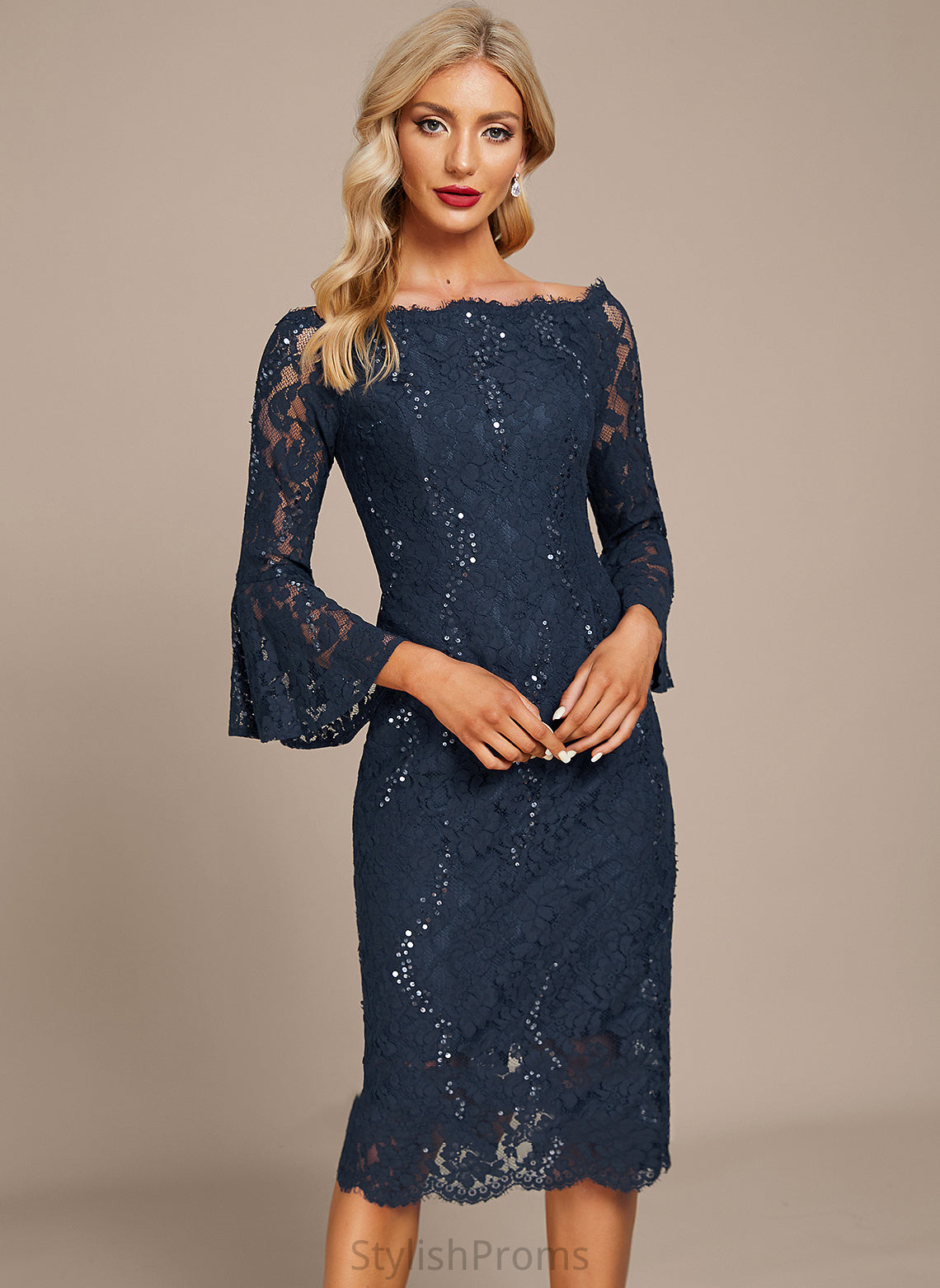 Sequins Knee-Length Emery Lace Cocktail Dresses With Off-the-Shoulder Cocktail Dress Sheath/Column