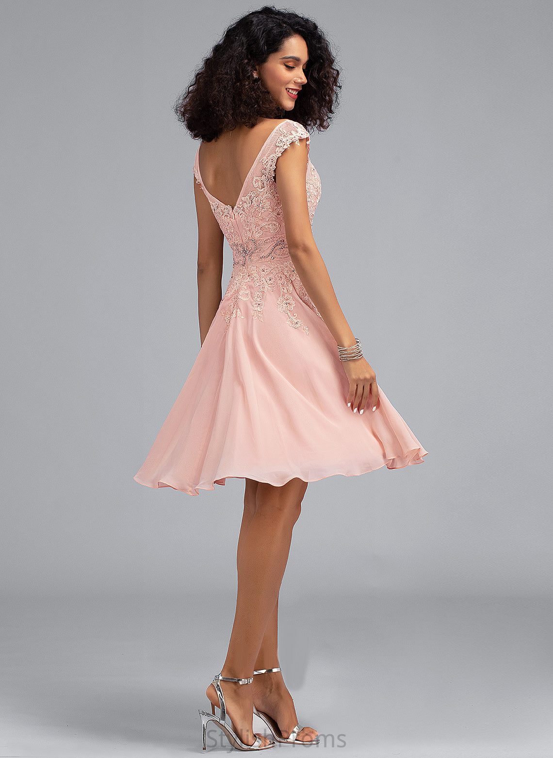 Chiffon A-Line Lace V-neck Cocktail Cocktail Dresses Gwen Knee-Length Dress With Beading Lace