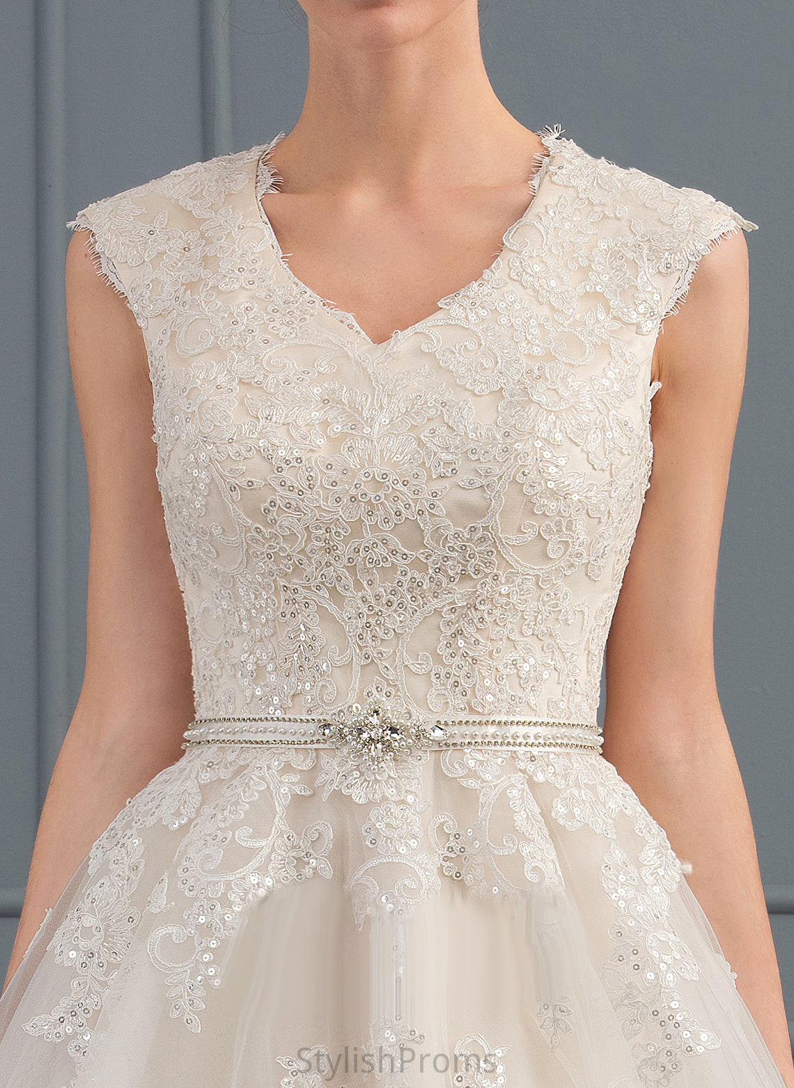 Tulle Dylan With Wedding Train Lace Sequins Wedding Dresses A-Line Dress V-neck Bow(s) Beading Sweep