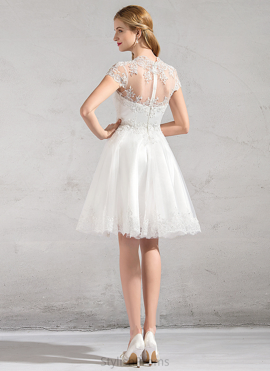 With Sequins A-Line V-neck Knee-Length Wedding Dresses Lace Lace Wedding Beading Dress Tulle Haylie Appliques