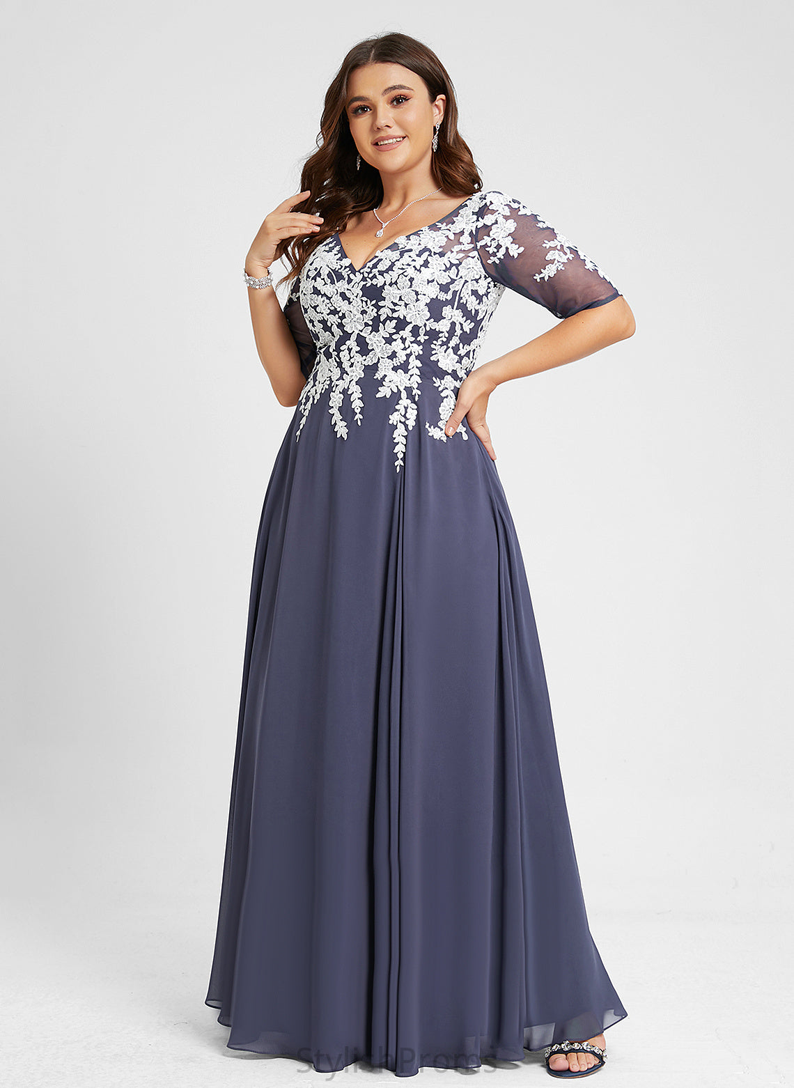 Aliza V-neck A-Line Chiffon Prom Dresses Floor-Length Lace