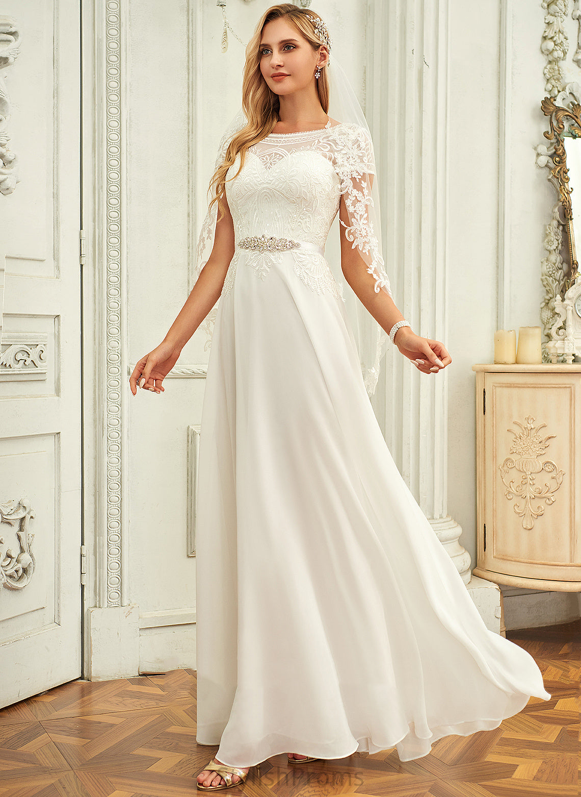 Chiffon Wedding Sequins Wedding Dresses Lace With Dress Floor-Length Scoop Louise