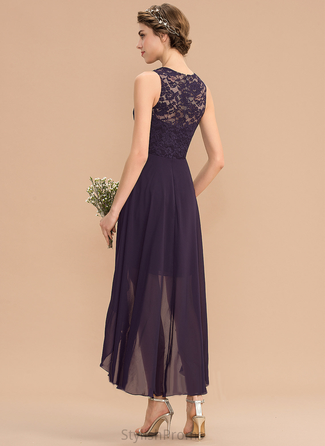 Asymmetrical Lace Cocktail Dresses Scoop Neck Cocktail A-Line Dress Chiffon Marian