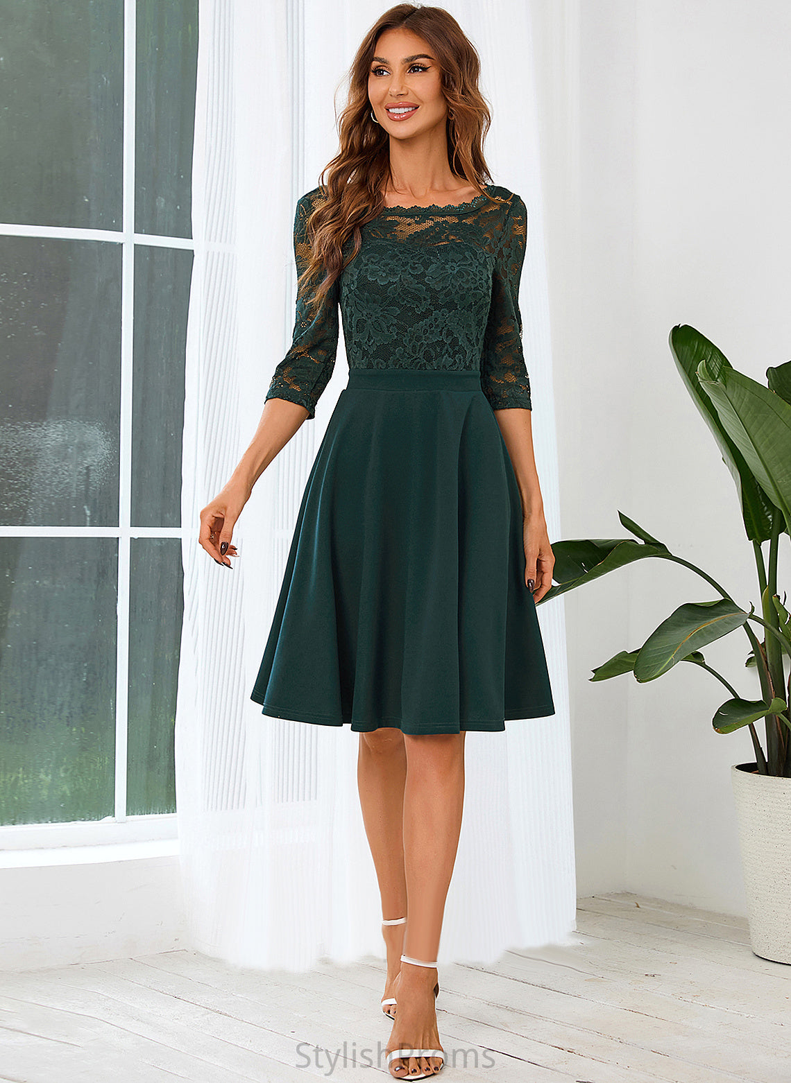 Elegant Blends A-line Dresses Lace Sleeves Club Dresses 3/4 Round Lailah Cotton Neck Mini