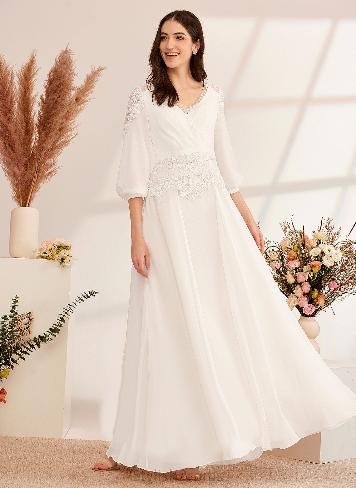 Destiney Wedding Dresses Floor-Length Dress Wedding A-Line Chiffon V-neck Lace With