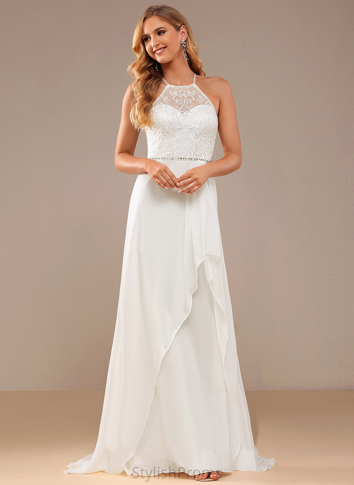 Wedding Chiffon Dress With Beading A-Line Kierra Train Sequins Neck Lace High Sweep Lace Wedding Dresses