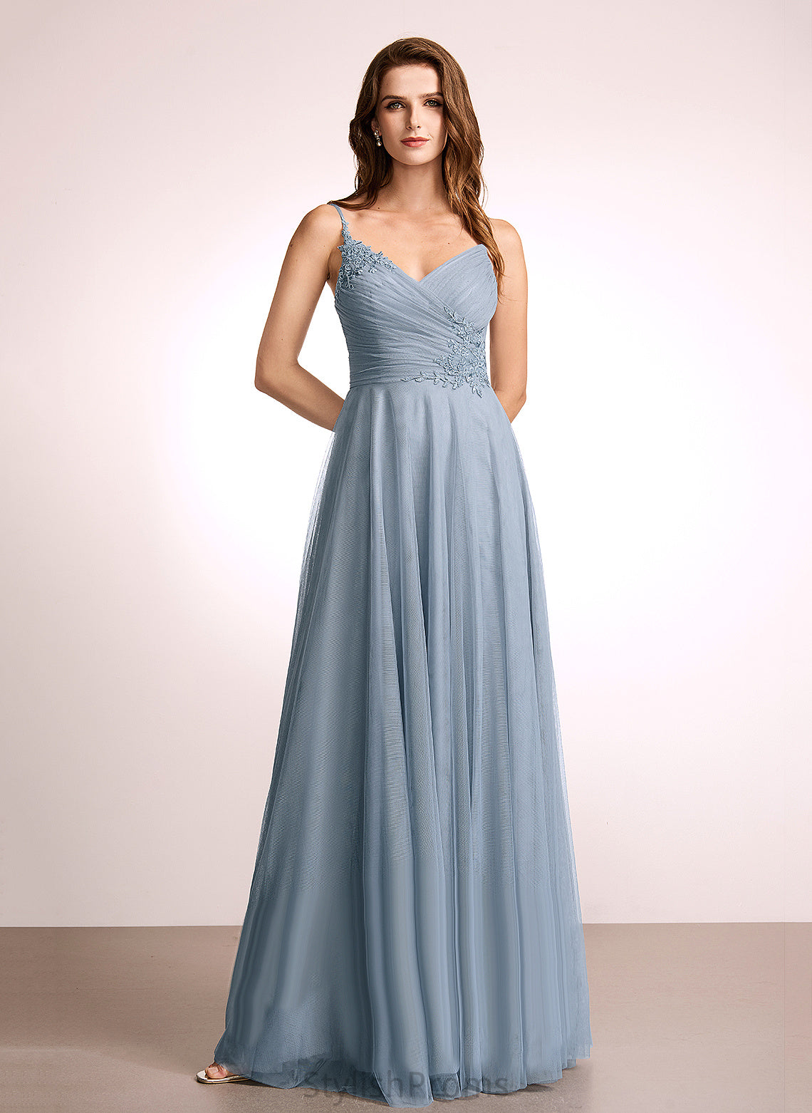 Tulle V-neck Neckline Straps&Sleeves Lace A-Line Silhouette Fabric Floor-Length Length Genesis Floor Length Bridesmaid Dresses