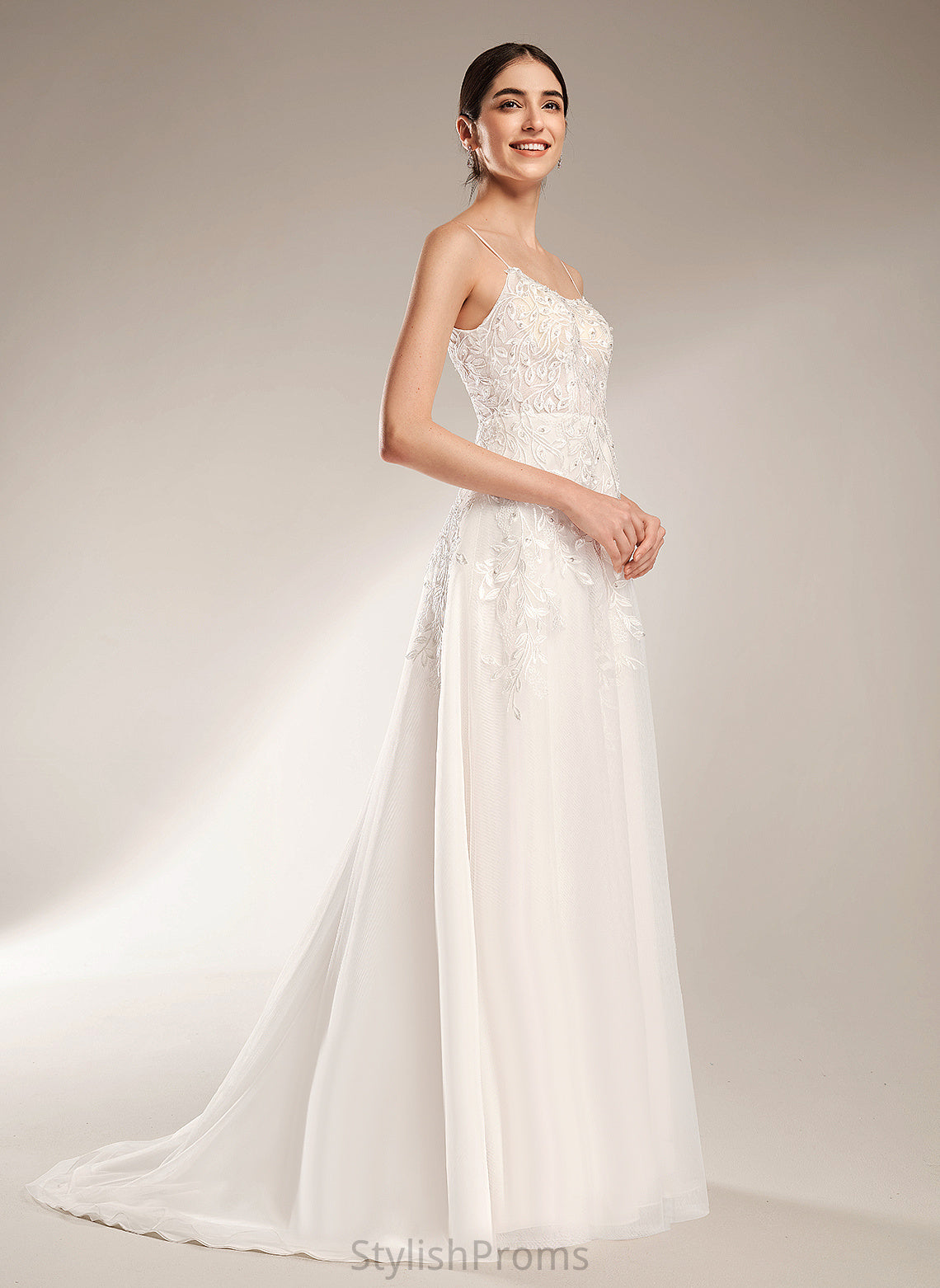 Dress Sequins Beading Tulle A-Line Lace Train Ciara Neckline With Wedding Court Square Wedding Dresses