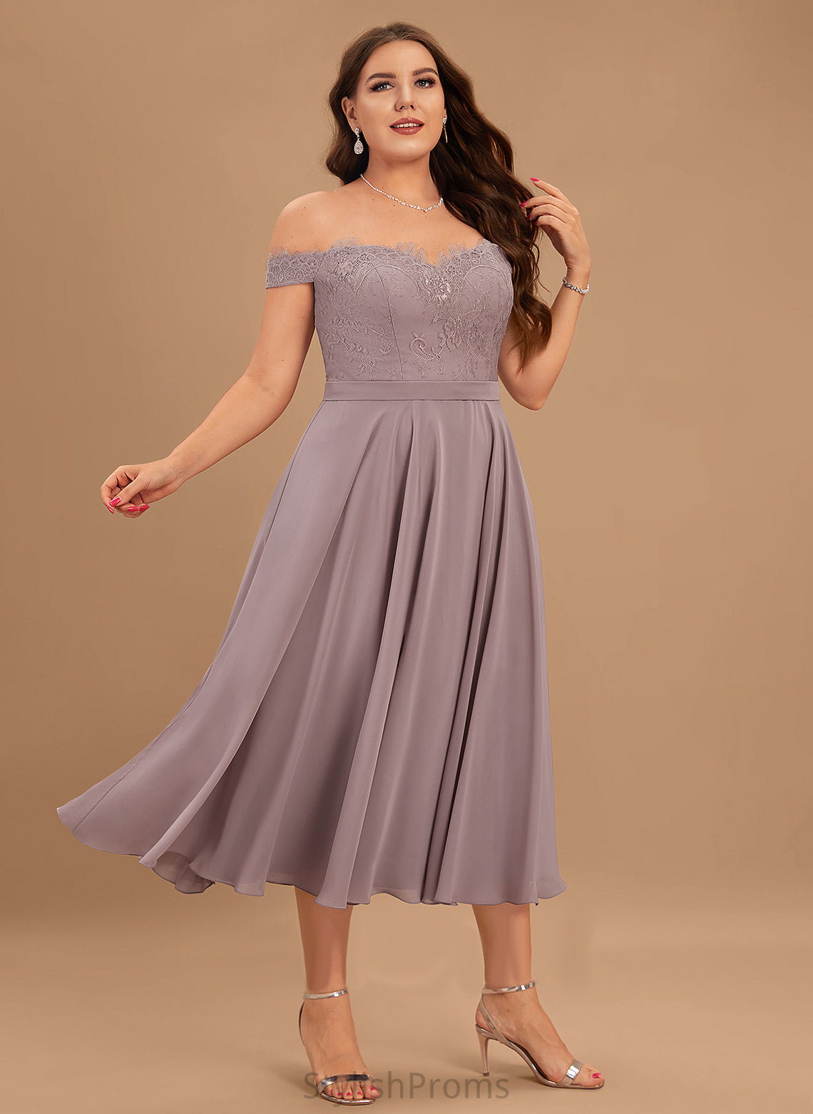 Chiffon Dress Lace Cocktail Dresses With Beading Tea-Length Off-the-Shoulder Cocktail Janiyah A-Line