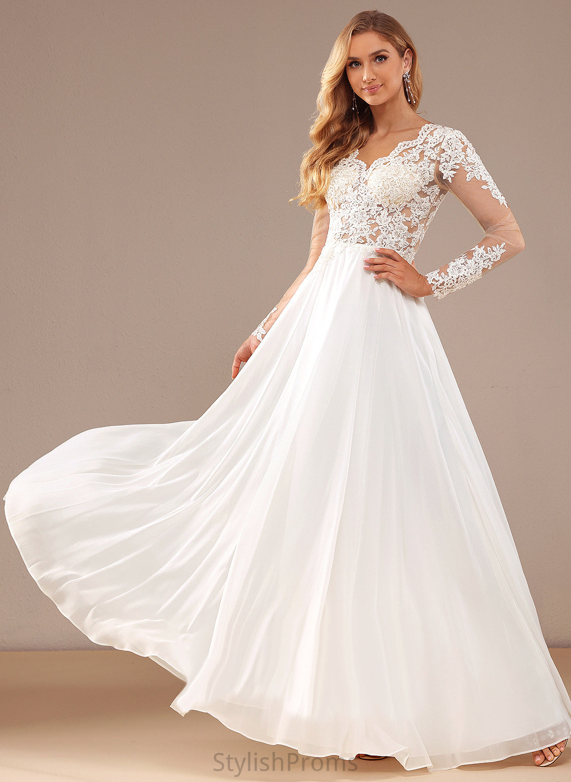 Floor-Length A-Line With Chiffon V-neck Dress Wedding Sequins Wedding Dresses Lace Peyton