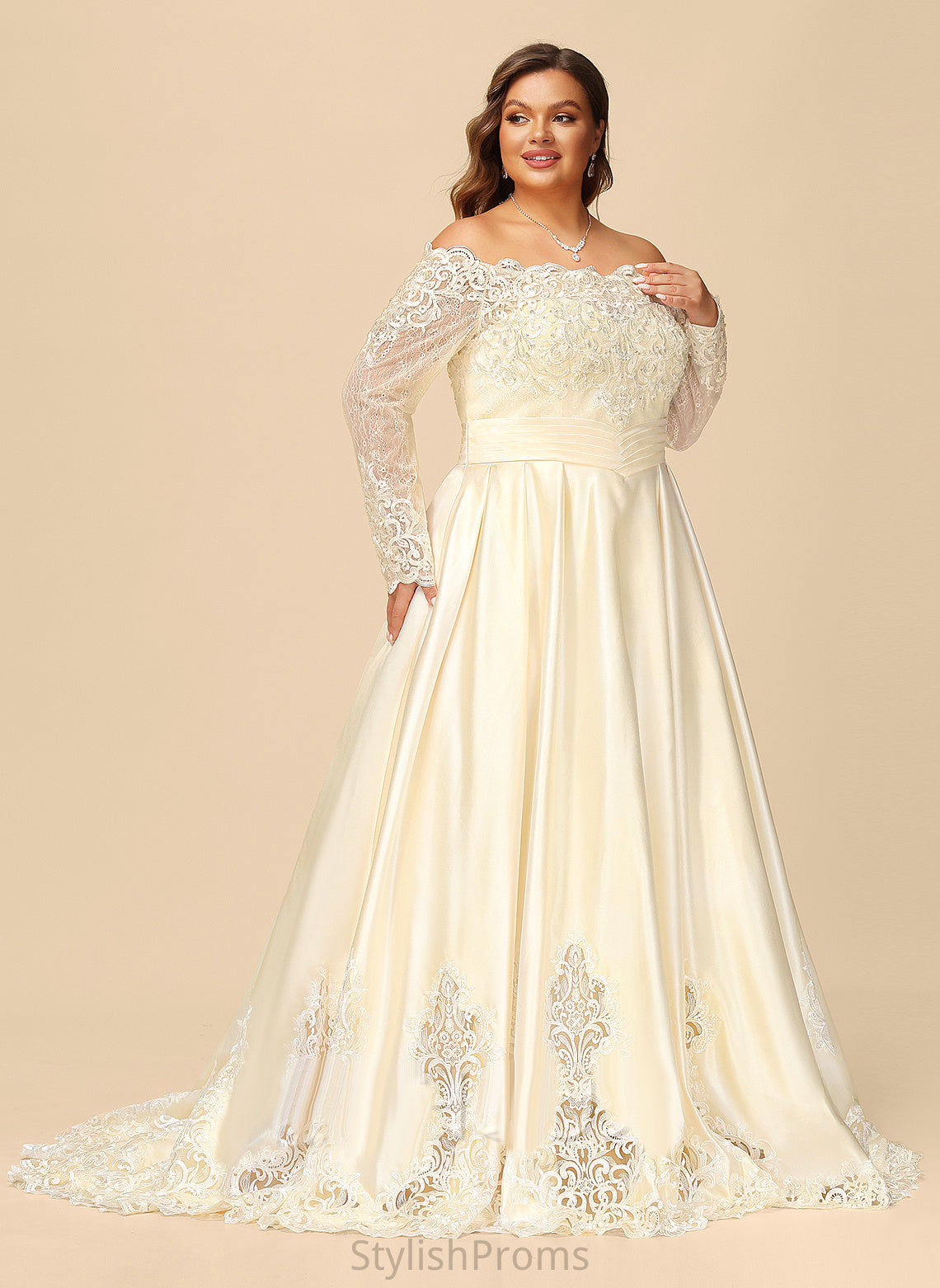 Beading Sequins Dress Wedding Dresses Sweep Wedding Satin Ball-Gown/Princess Abigayle Train Off-the-Shoulder With Lace