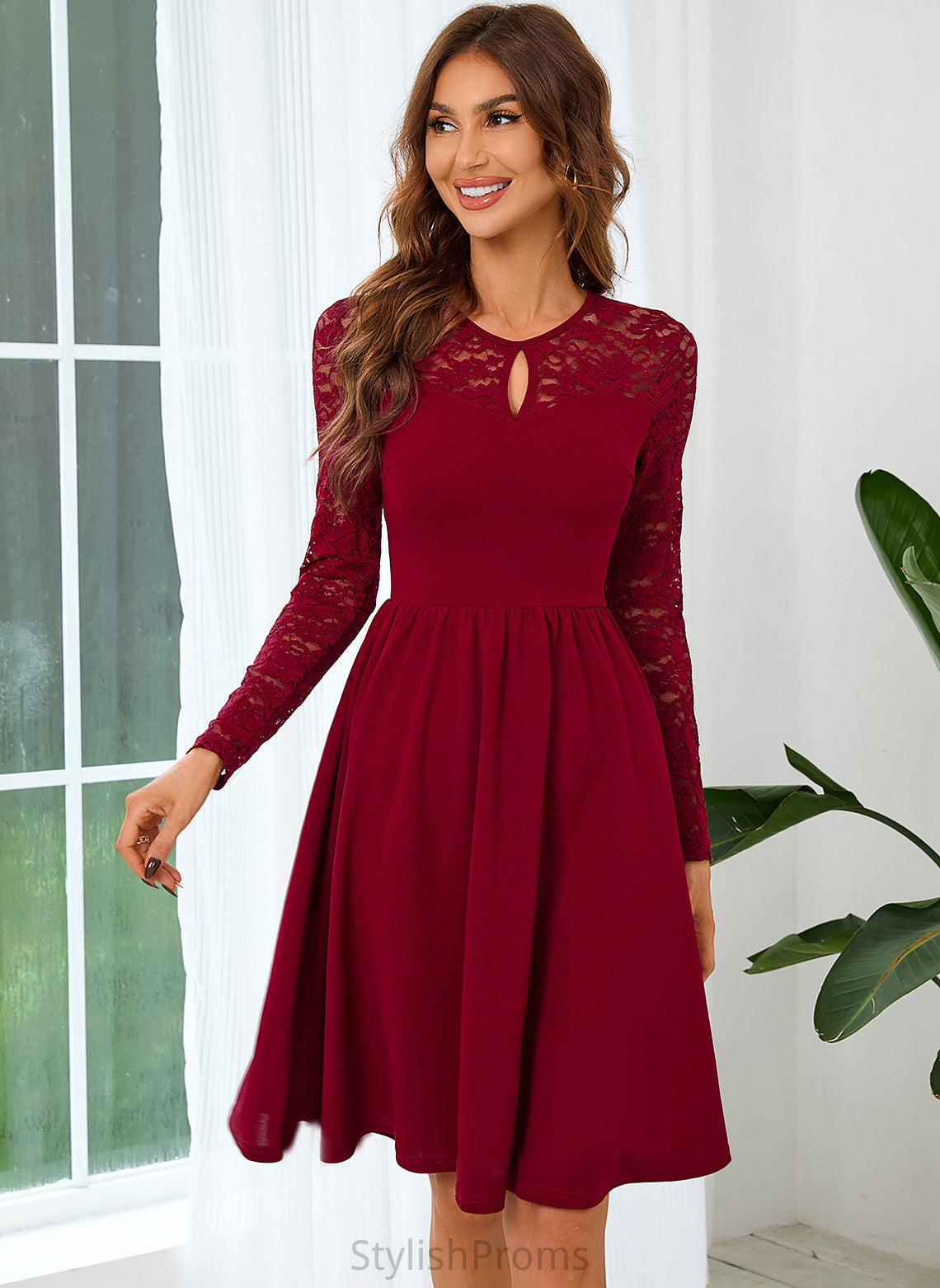 Dresses Neck Club Dresses Long Elva Elegant Blends Cotton Mini Round A-line Lace Sleeves