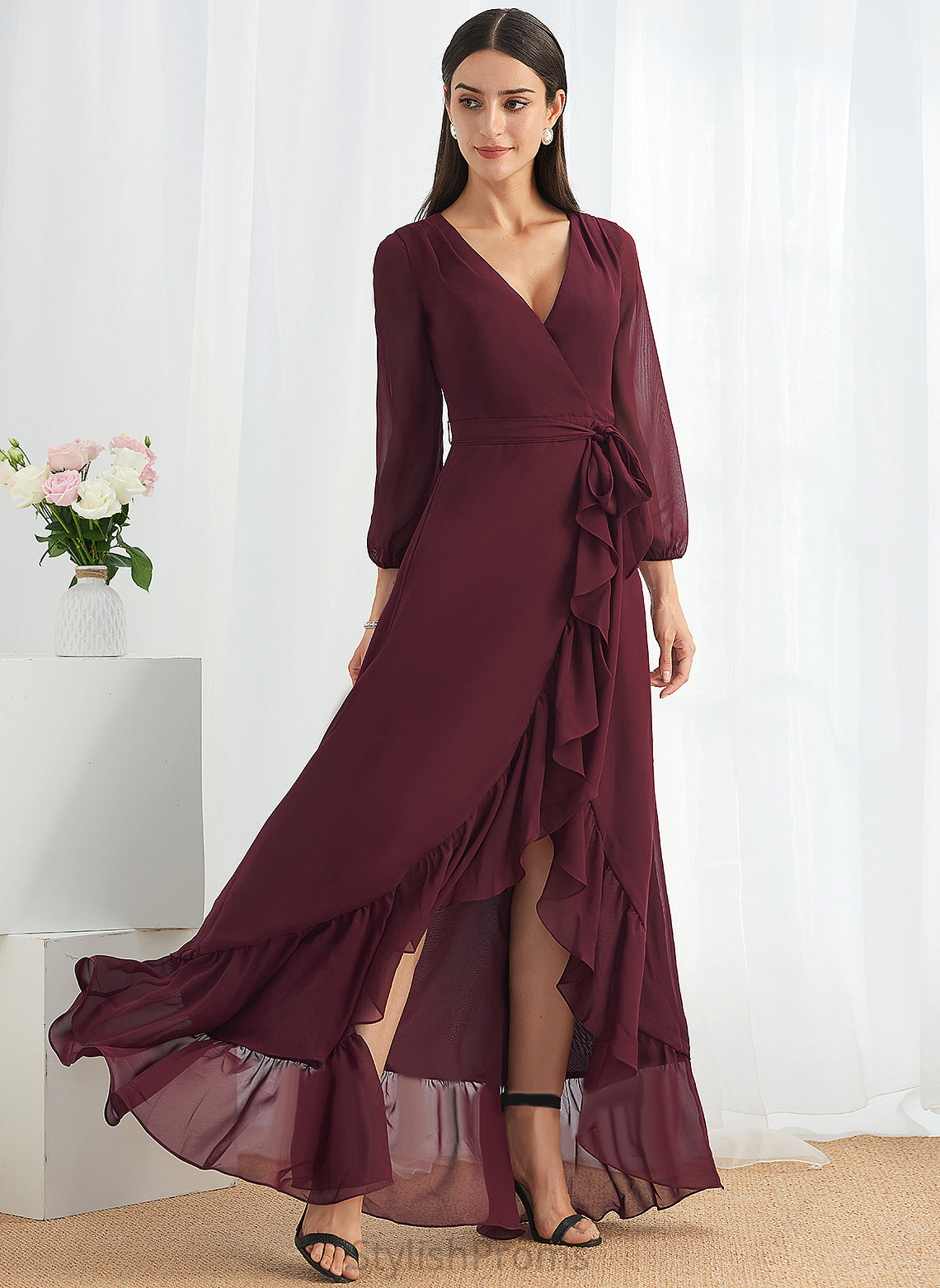 Cocktail Front Chiffon With Cocktail Dresses V-neck Greta Asymmetrical Split Ruffle A-Line Dress