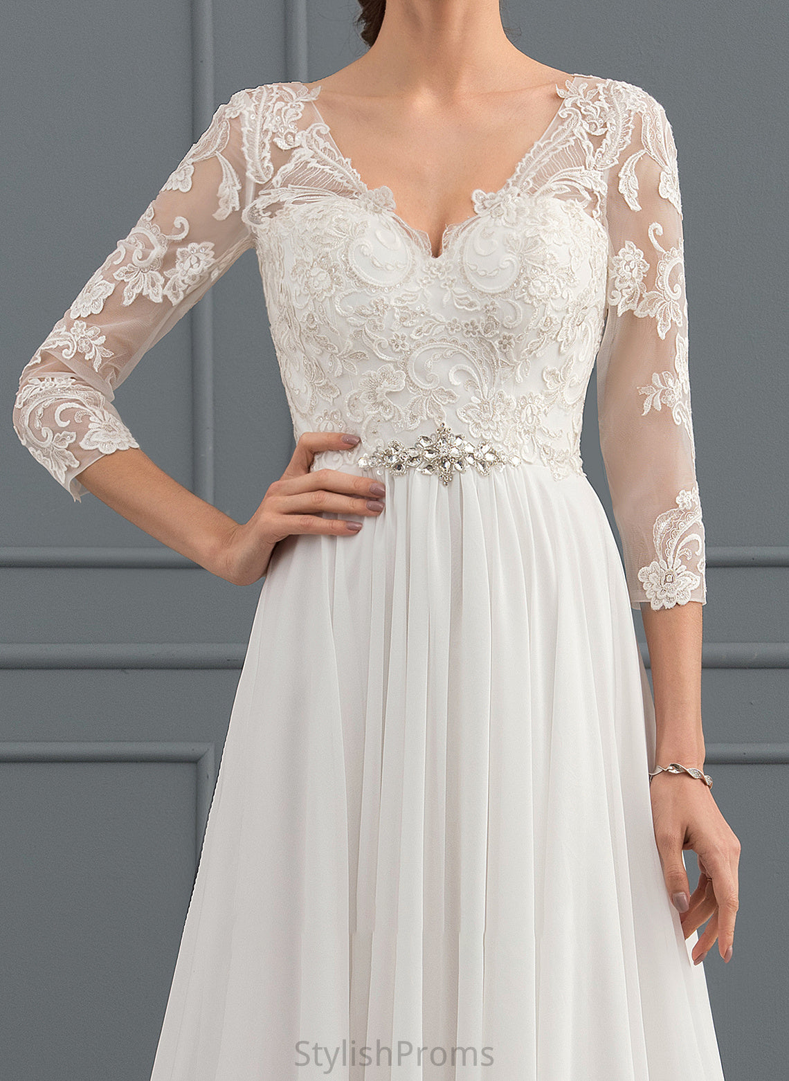 With Lilian V-neck Sequins Beading Wedding Dresses Chiffon Dress A-Line Wedding Train Lace Sweep