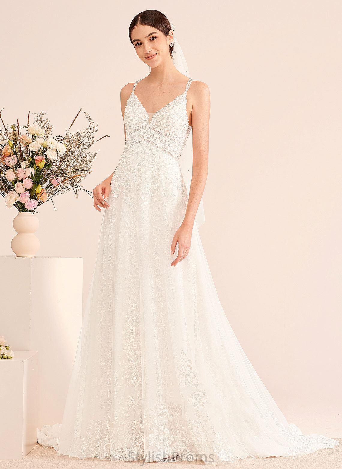 Ava Court Dress Wedding Dresses A-Line With Train Tulle Beading Lace V-neck Wedding