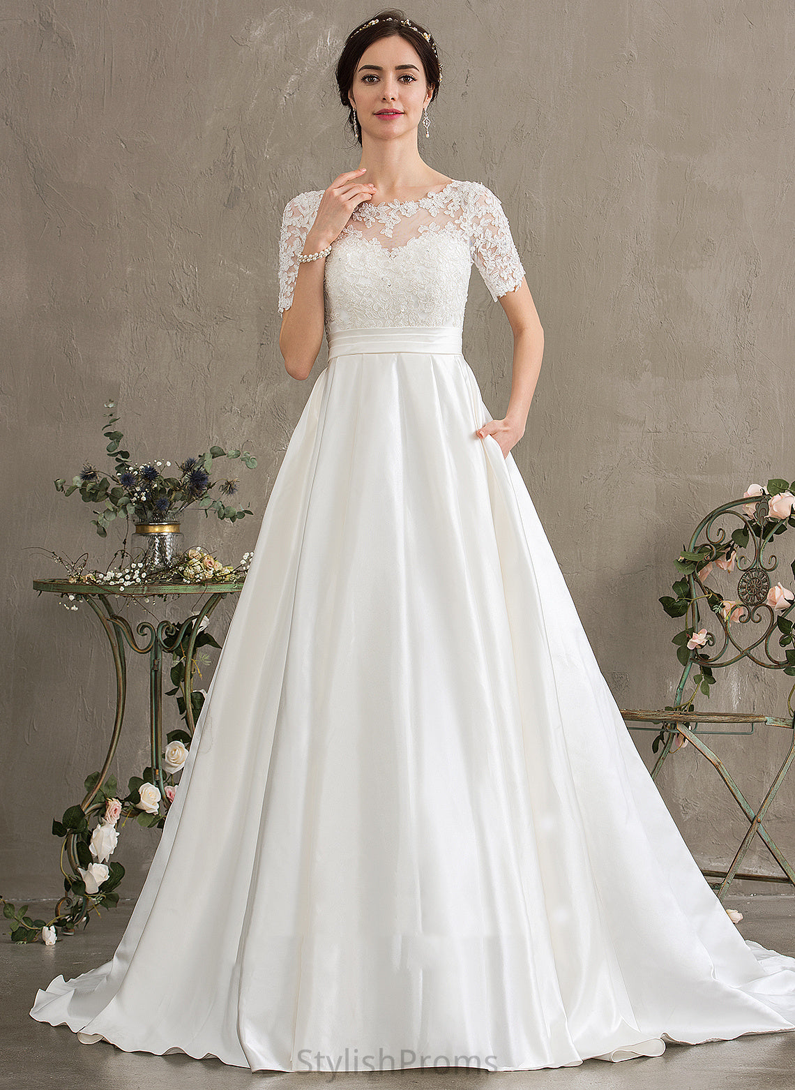 Beading Court Wedding Dresses Kiera Lace Wedding Sequins Train Pockets Satin With Dress Ball-Gown/Princess