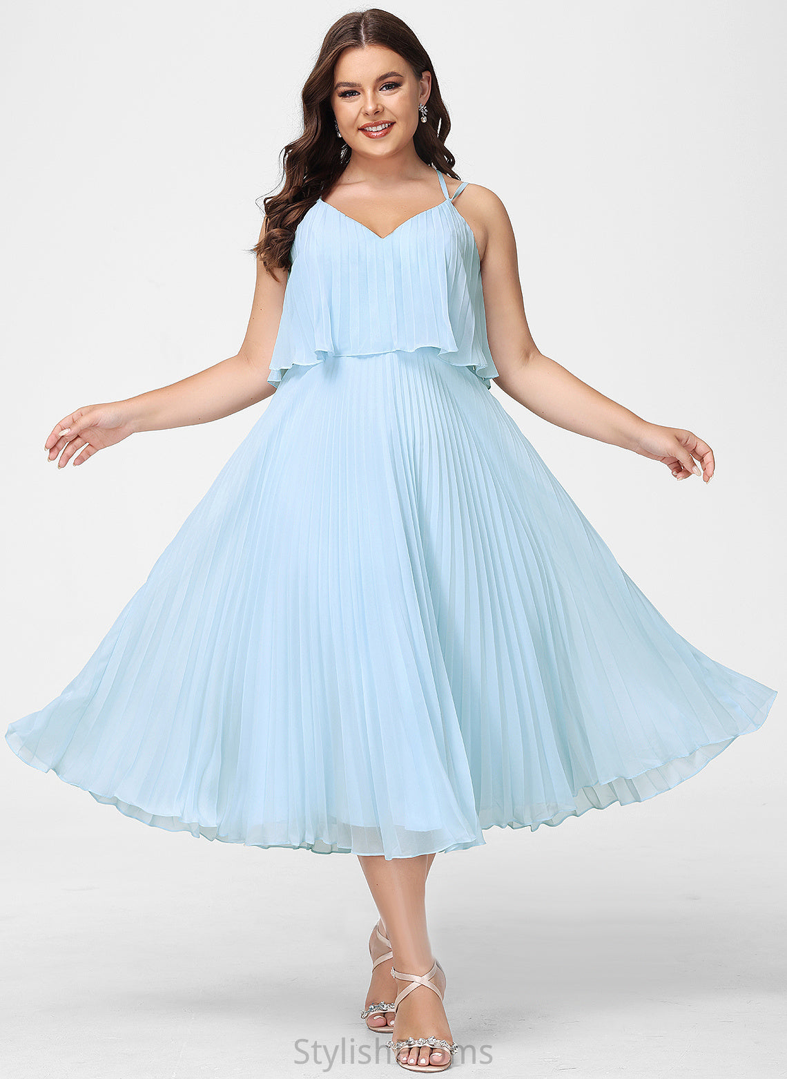 V-neck Dress A-Line Cocktail Dresses With Pleated Tea-Length Cocktail Charlotte Chiffon