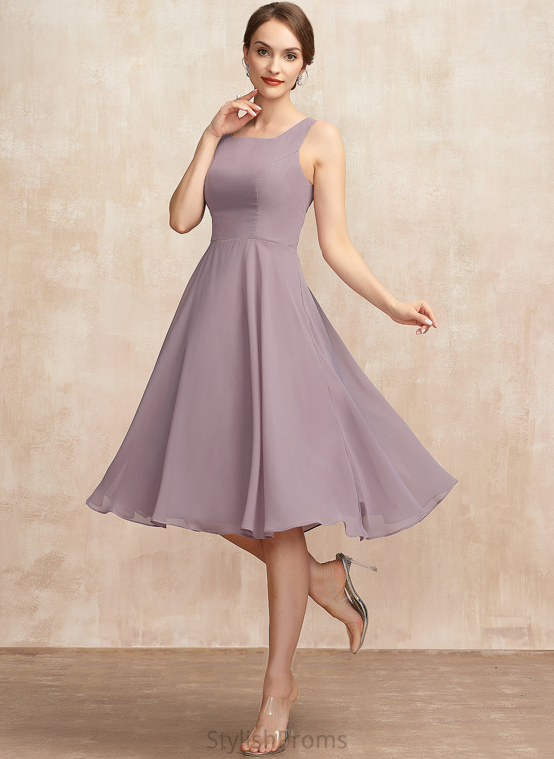 Dress A-Line Chiffon Square Knee-Length Ashanti Cocktail Dresses Neckline Cocktail