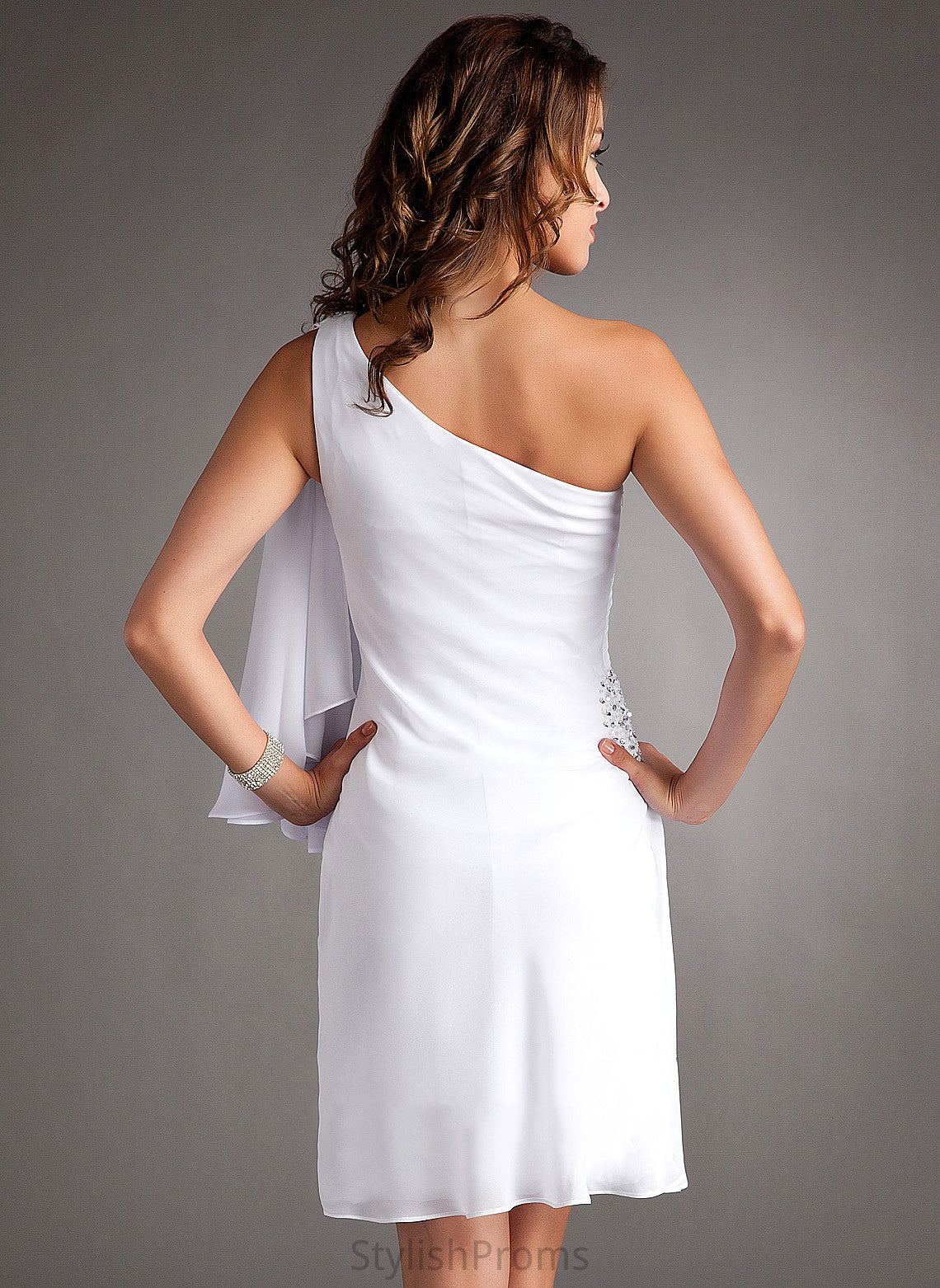 Dress Belinda Chiffon Beading One-Shoulder Cocktail Sheath/Column With Knee-Length Ruffle Cocktail Dresses