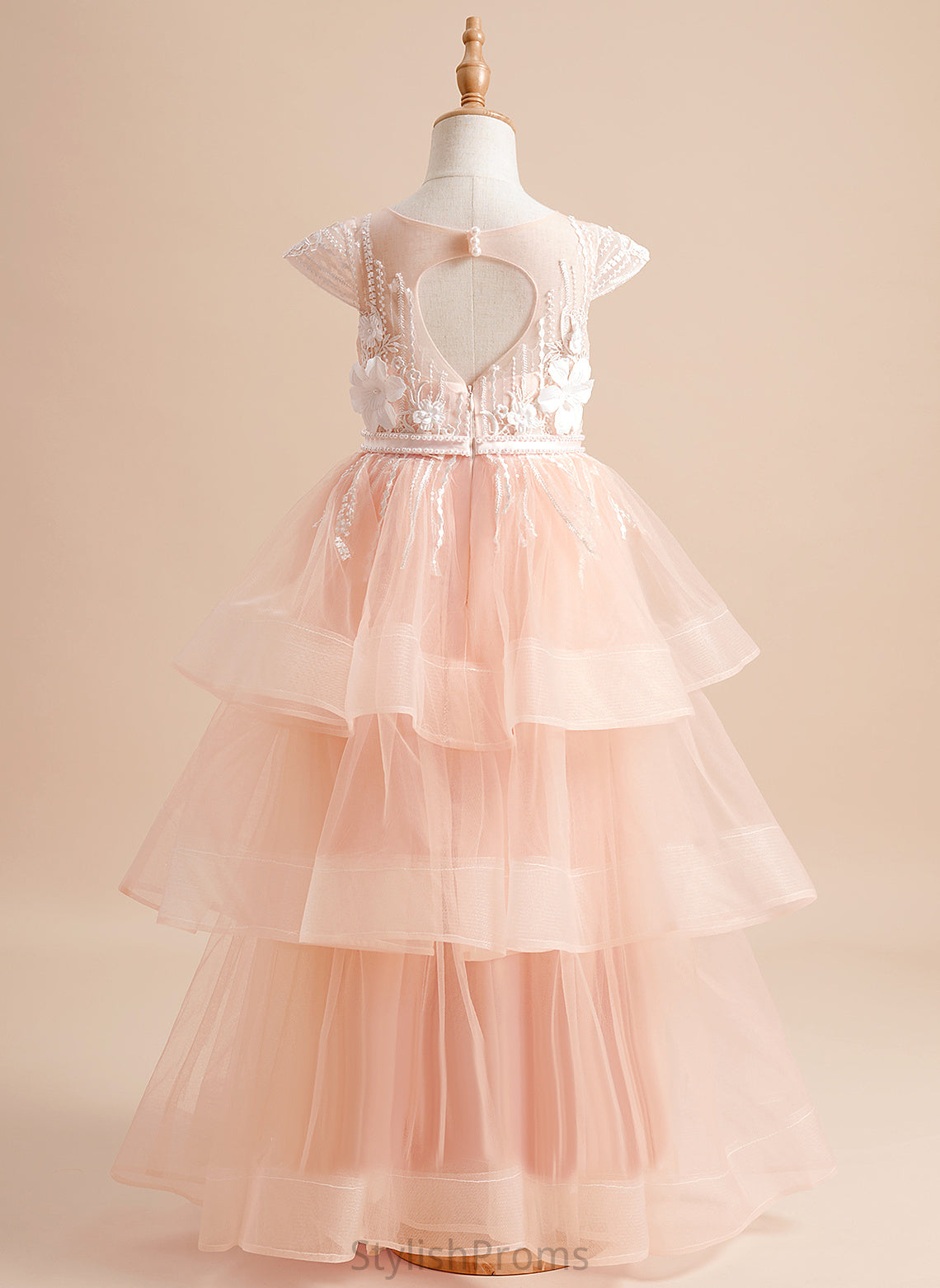 Jenna Flower Girl Dresses Ball-Gown/Princess Girl Neck - Short Dress Flower Floor-length Scoop Sleeves Tulle Beading/Flower(s)/Bow(s) With