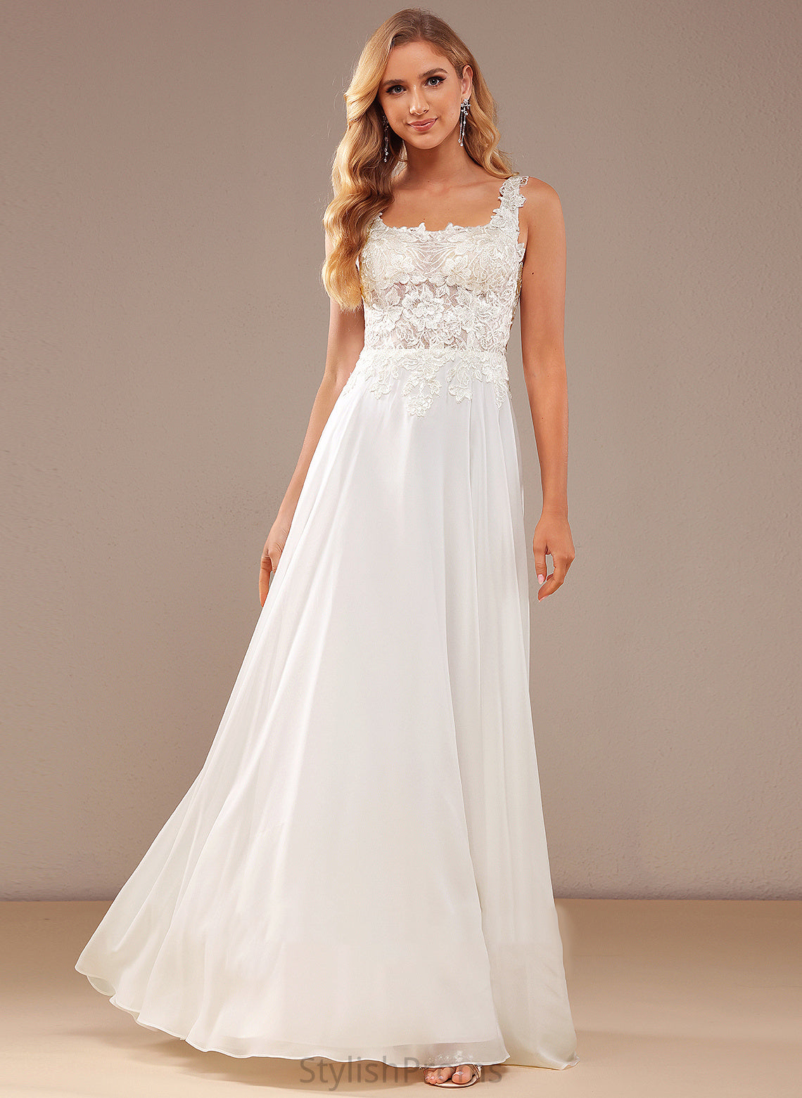 Chiffon Sequins With Neckline Lace Square Wedding Dresses A-Line Dress Floor-Length Lace Wedding Rylie