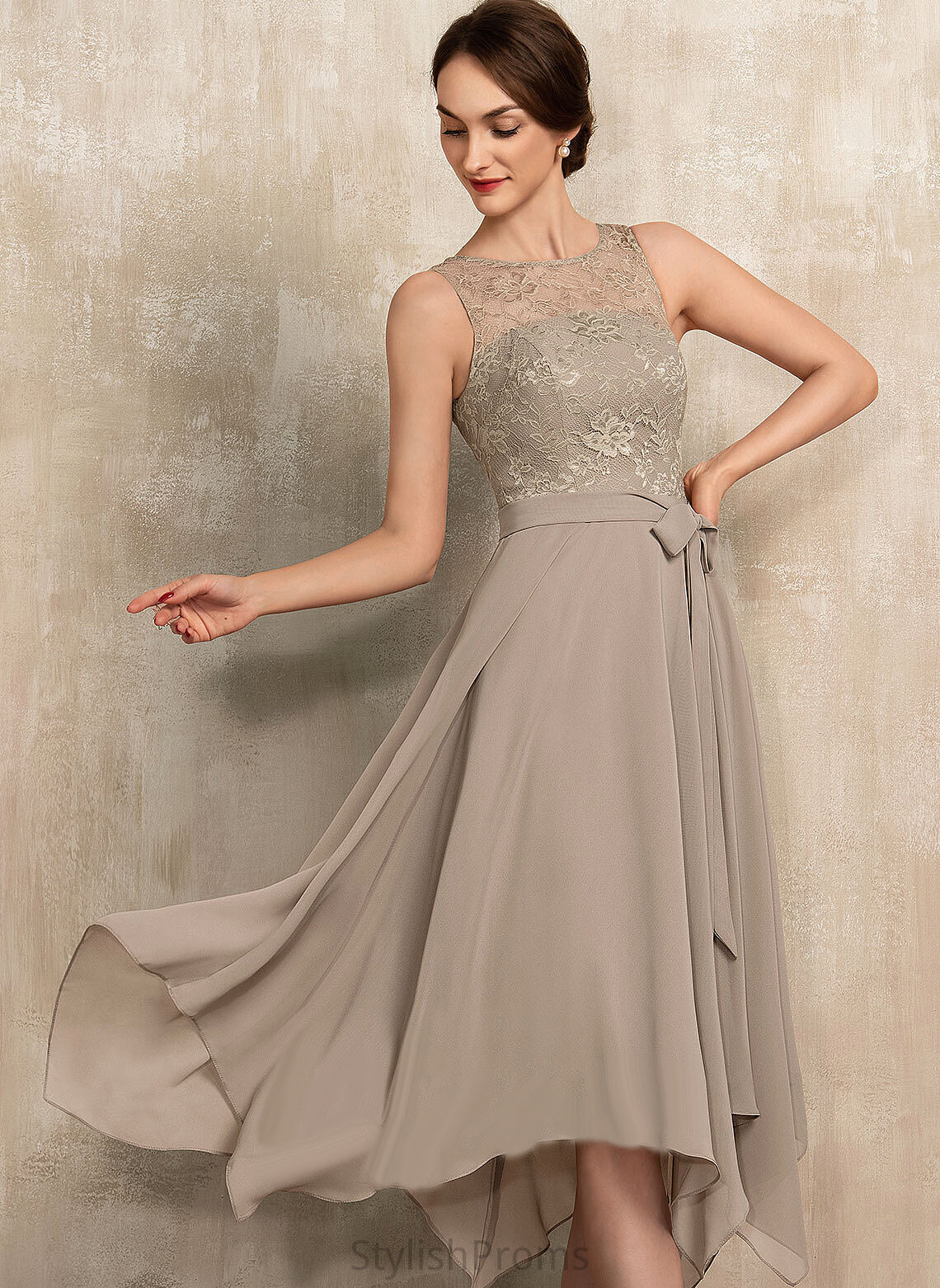 Chiffon Neck Asia Tea-Length Cocktail Dresses Bow(s) Scoop Dress Cocktail A-Line With Lace