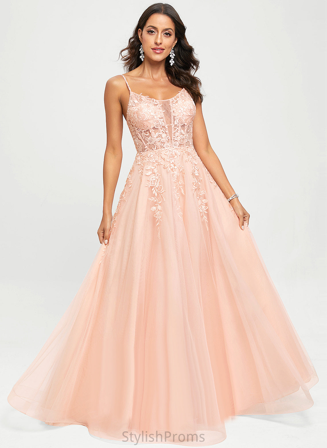 A-Line Prom Dresses Scoop Abagail With Floor-Length Lace Tulle Sequins