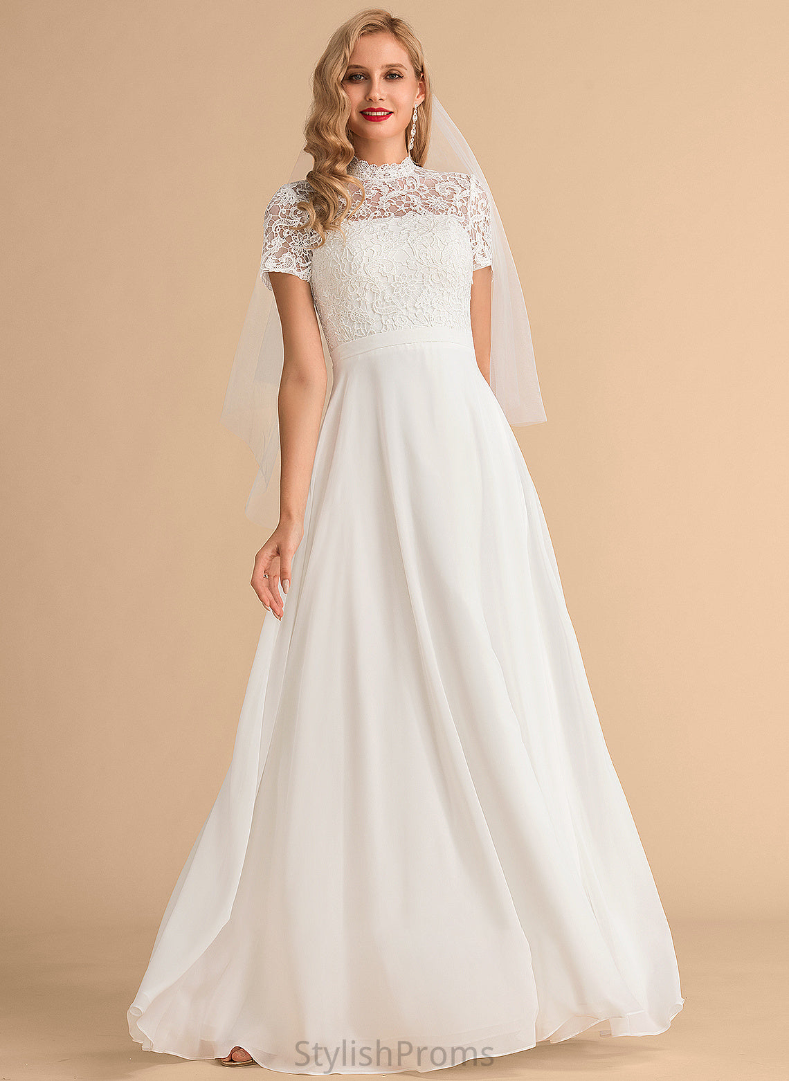 Chiffon Dress Lace High Wedding Dresses A-Line Neck Wedding Angelique Floor-Length