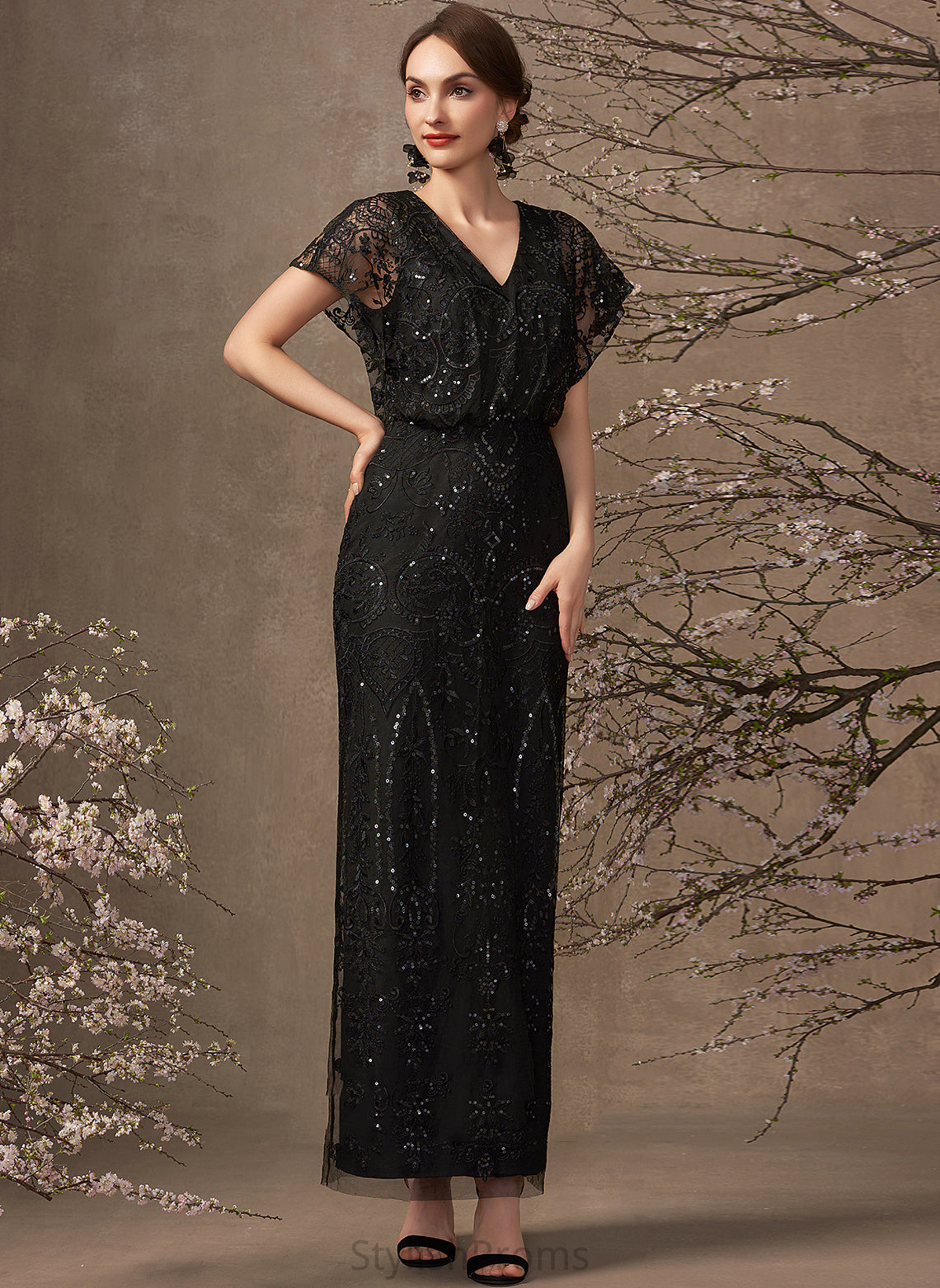 Addison Dress Chiffon Ankle-Length Sequins Cocktail Lace V-neck With Sheath/Column Cocktail Dresses