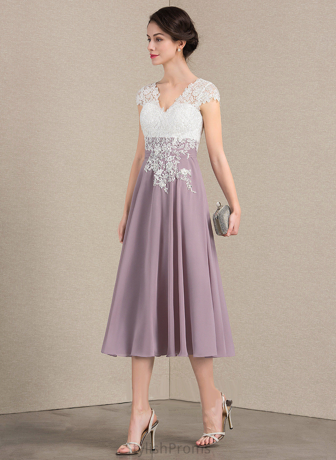 Cocktail V-neck Dress Tea-Length Briana Lace Cocktail Dresses A-Line Chiffon